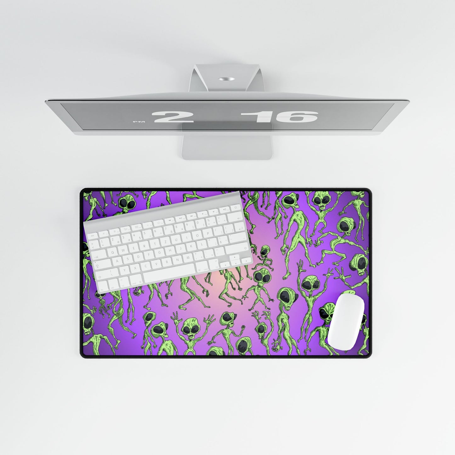 Alien Dance Party Desk Mat — Purple Green Extraterrestrial Gaming/Work Desk Pad
