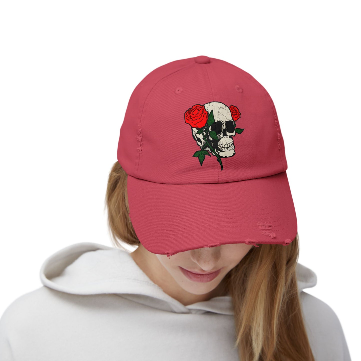 Skull and Roses Distressed Unisex Cap – Edgy Fashion Accessory for Music Lovers