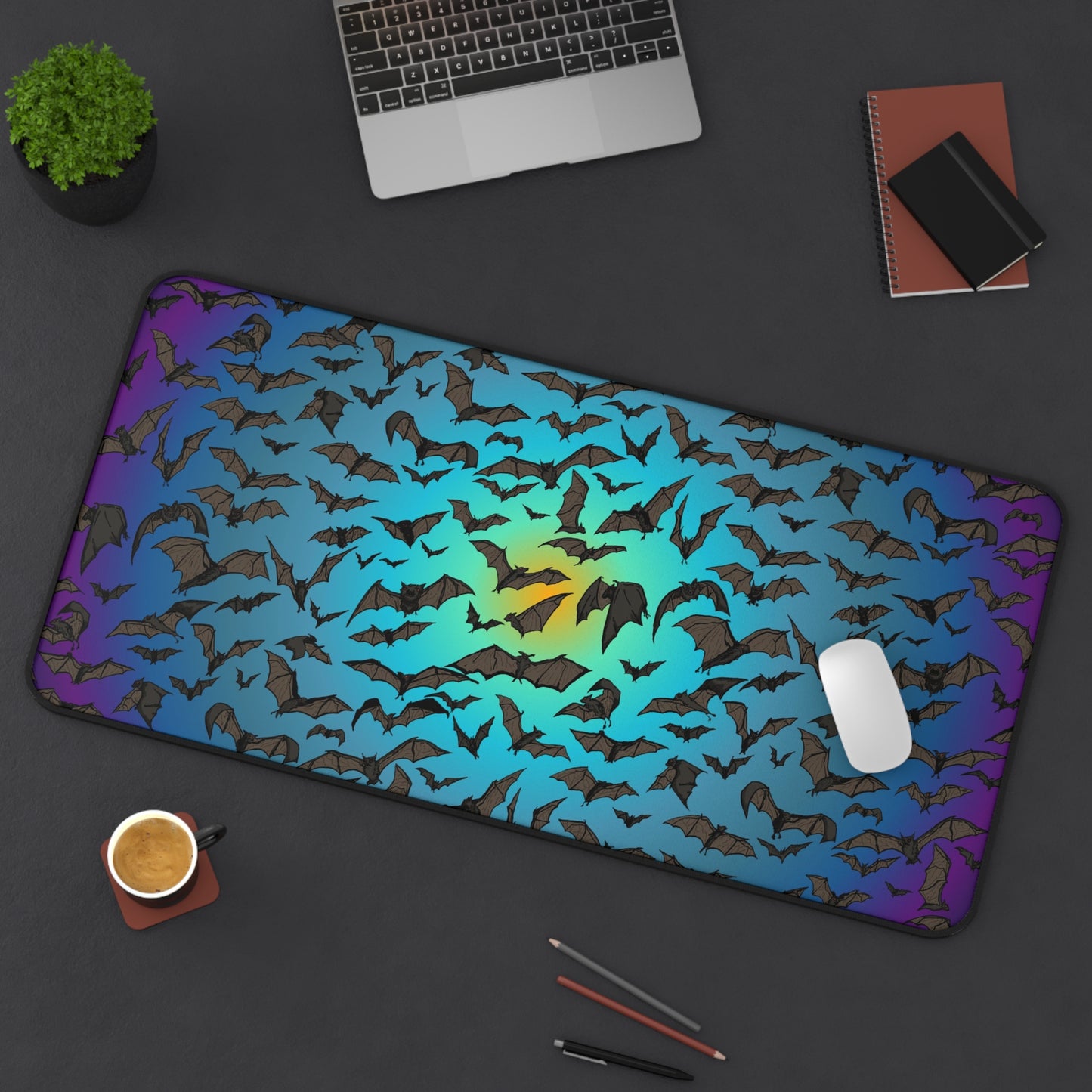 Bat Swarm Portal Desk Mat — Gradient Blue & Purple Gaming Mouse Pad