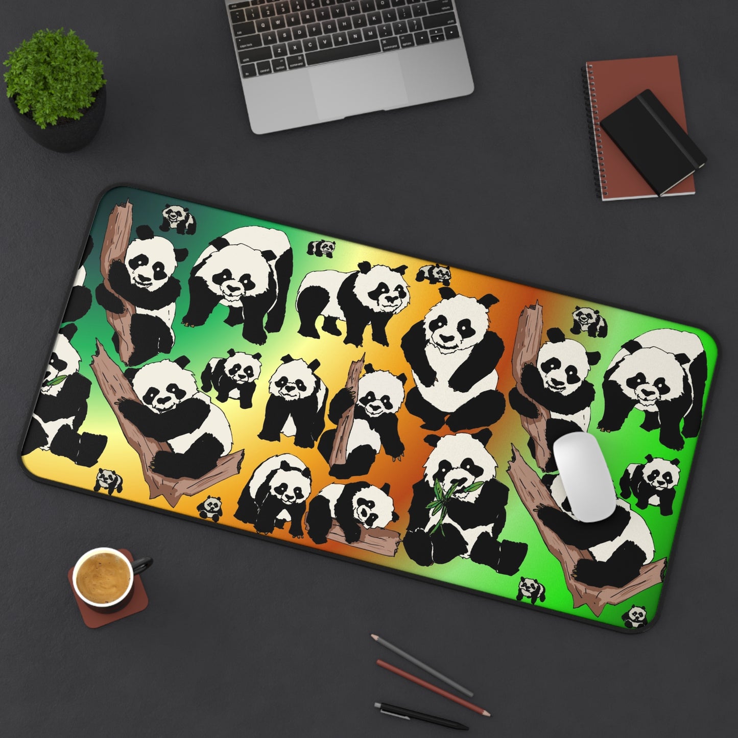 Panda Pattern Desk Mat — Cute Bamboo Bear Mouse Pad with Green Orange Gradient