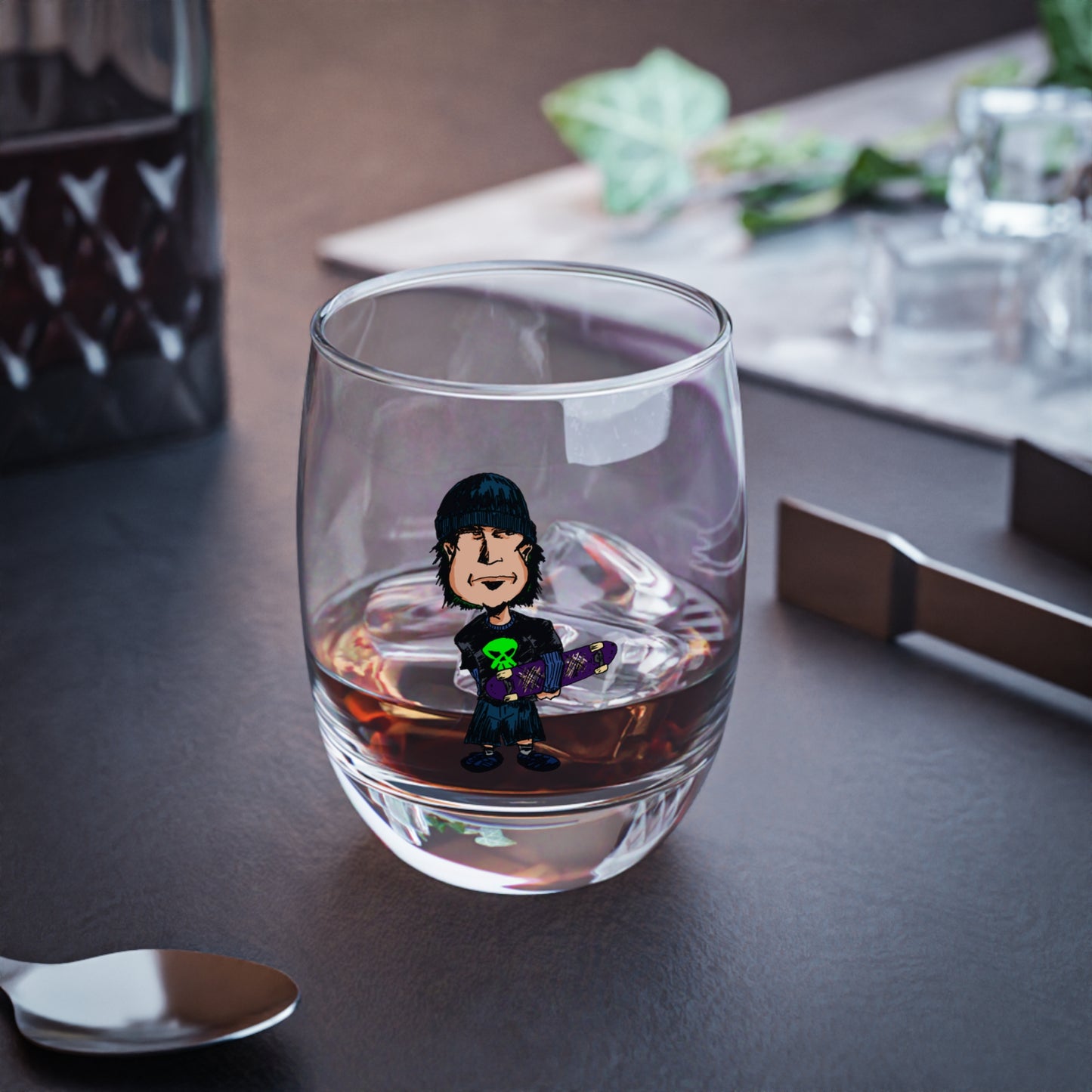 Rude Skater Dude - Skate Punk - Skateboarder Cartoon Whiskey Glass — Novelty Stemless Rocks Glass
