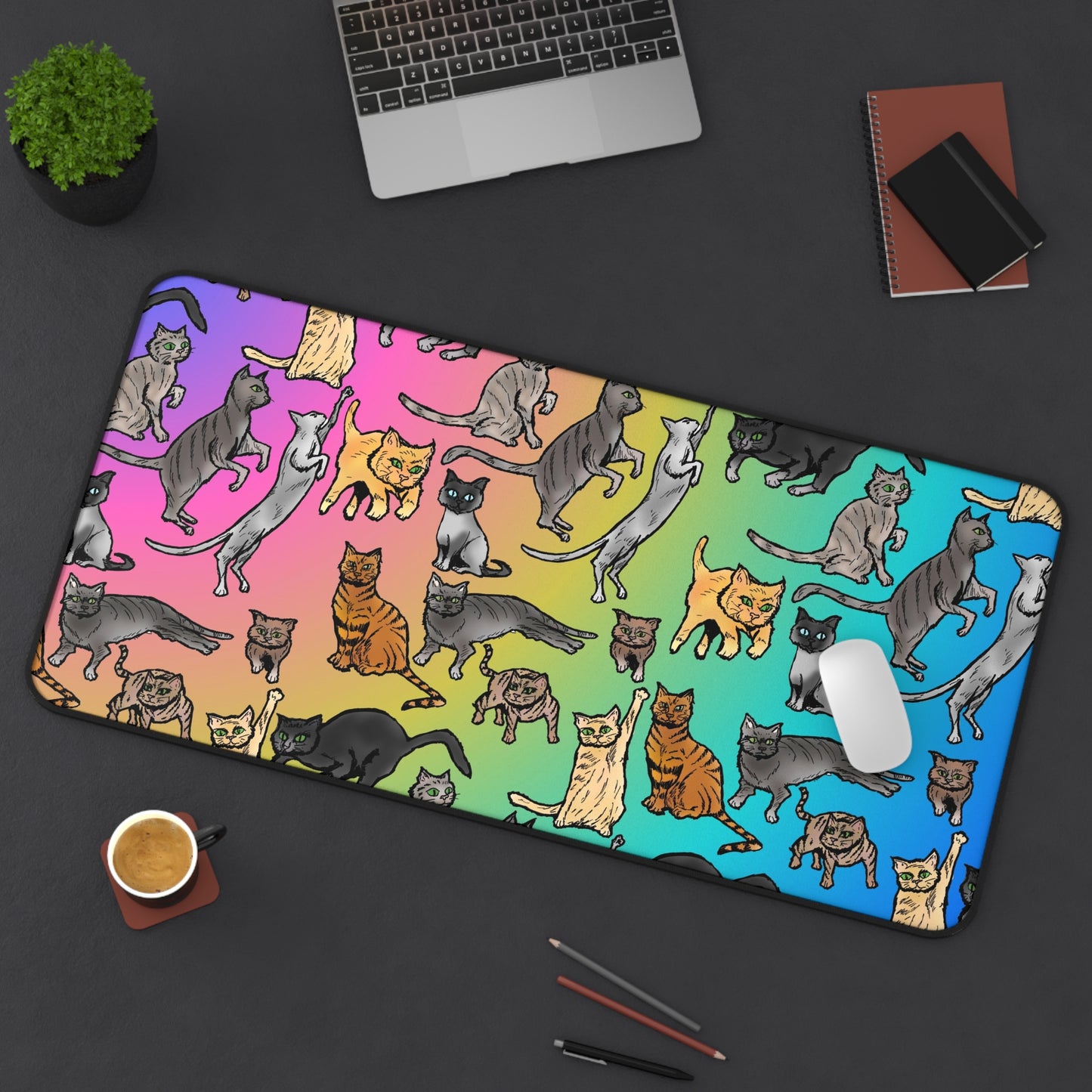 Rainbow Cat Pattern Desk Mat — Cute Colorful Cat Mousepad for Home Office