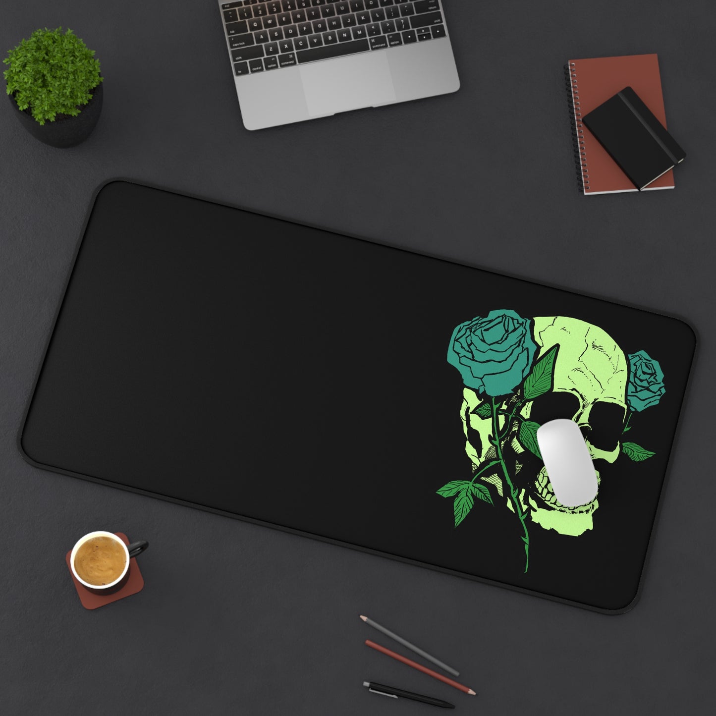 Skull & Roses(greens) Desk Mat - Aesthetic Office Decor for Creative Minds