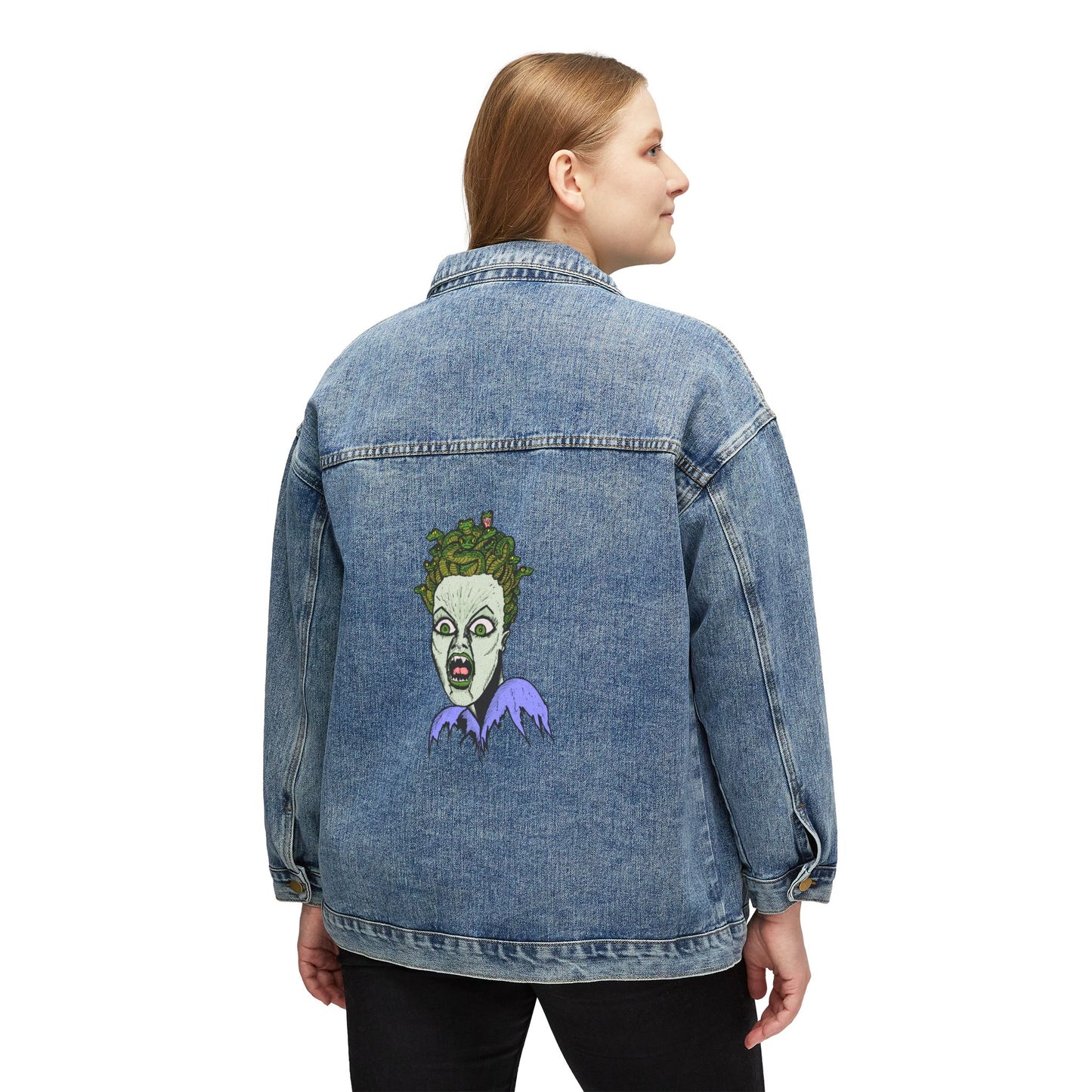 Denim Jacket — Retro Medusa Face Graphic Back Patch