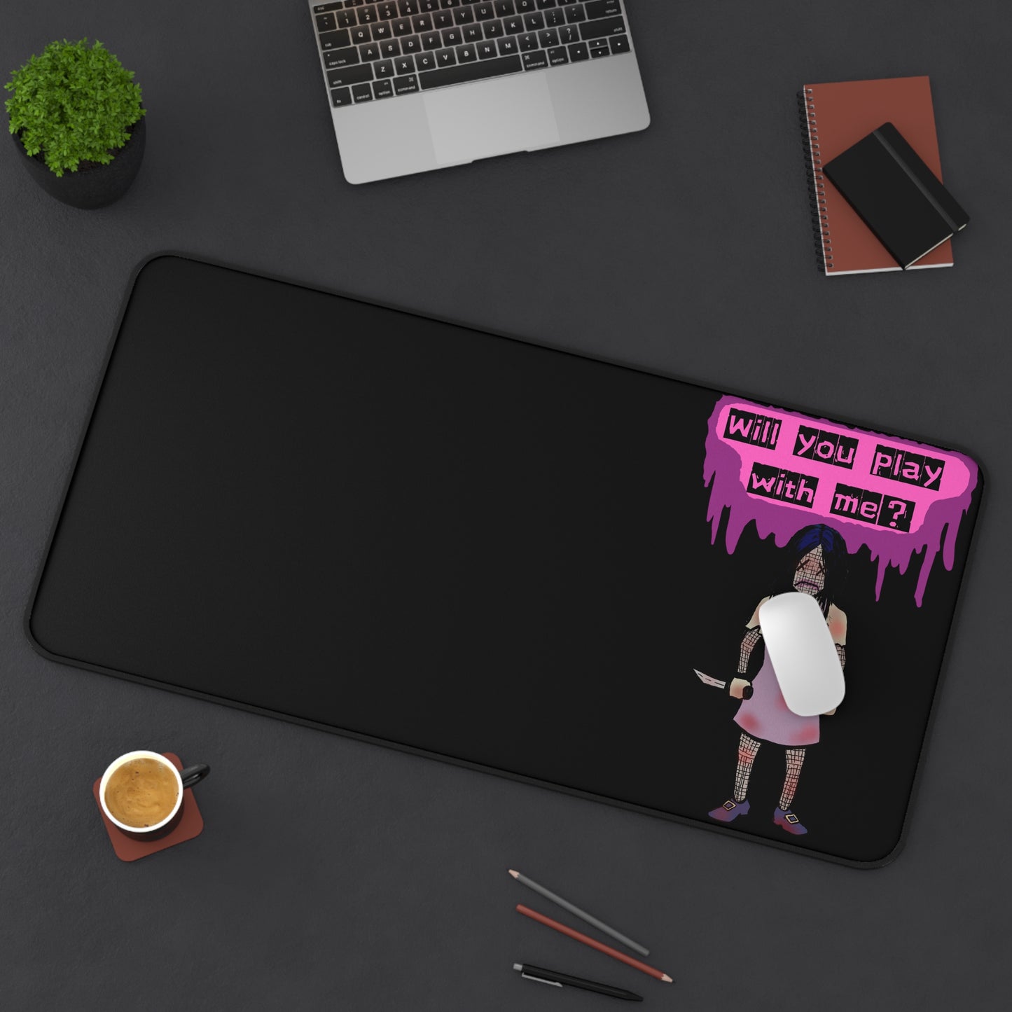 Gothic Gaming Desk Mat - 'Will You Play with Me?' | Perfect for Gamers, Home Office, and Halloween Decor, Mouse Pad, Computer Accessories