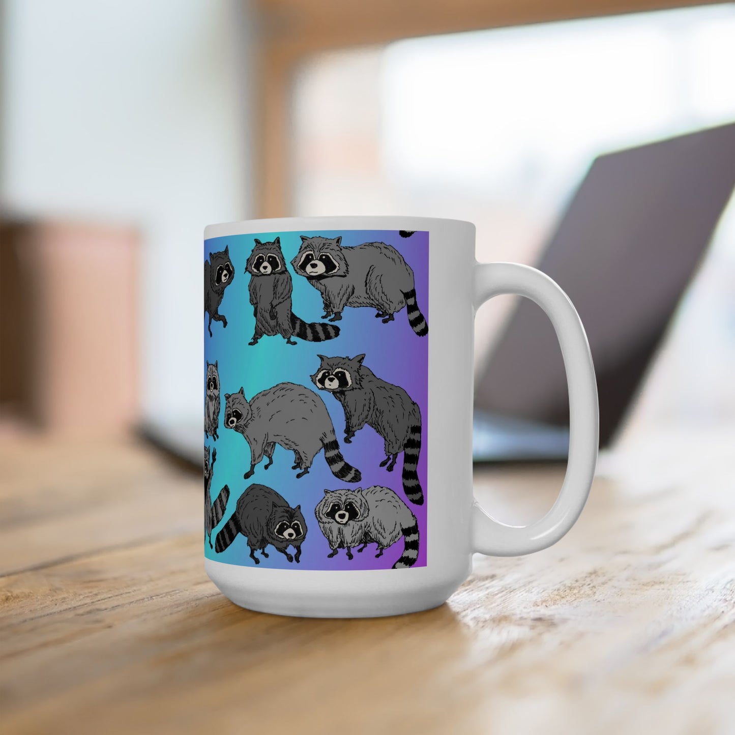 Raccoon Pattern Ceramic Mug — Cute Cartoon Raccoons on Gradient Background (11oz, 15oz)