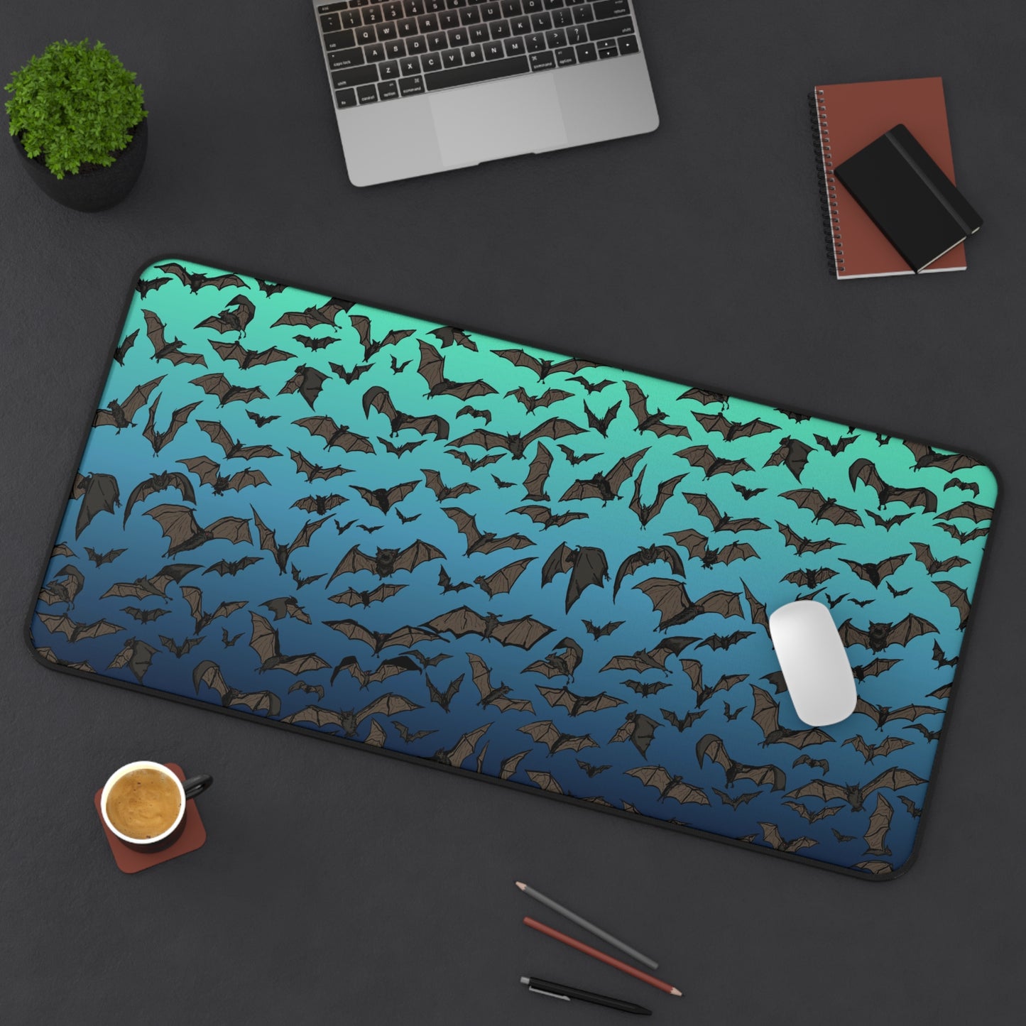 Desk Mat — Gradient Bat Swarm Gaming Desk Mat (Teal to Blue)
