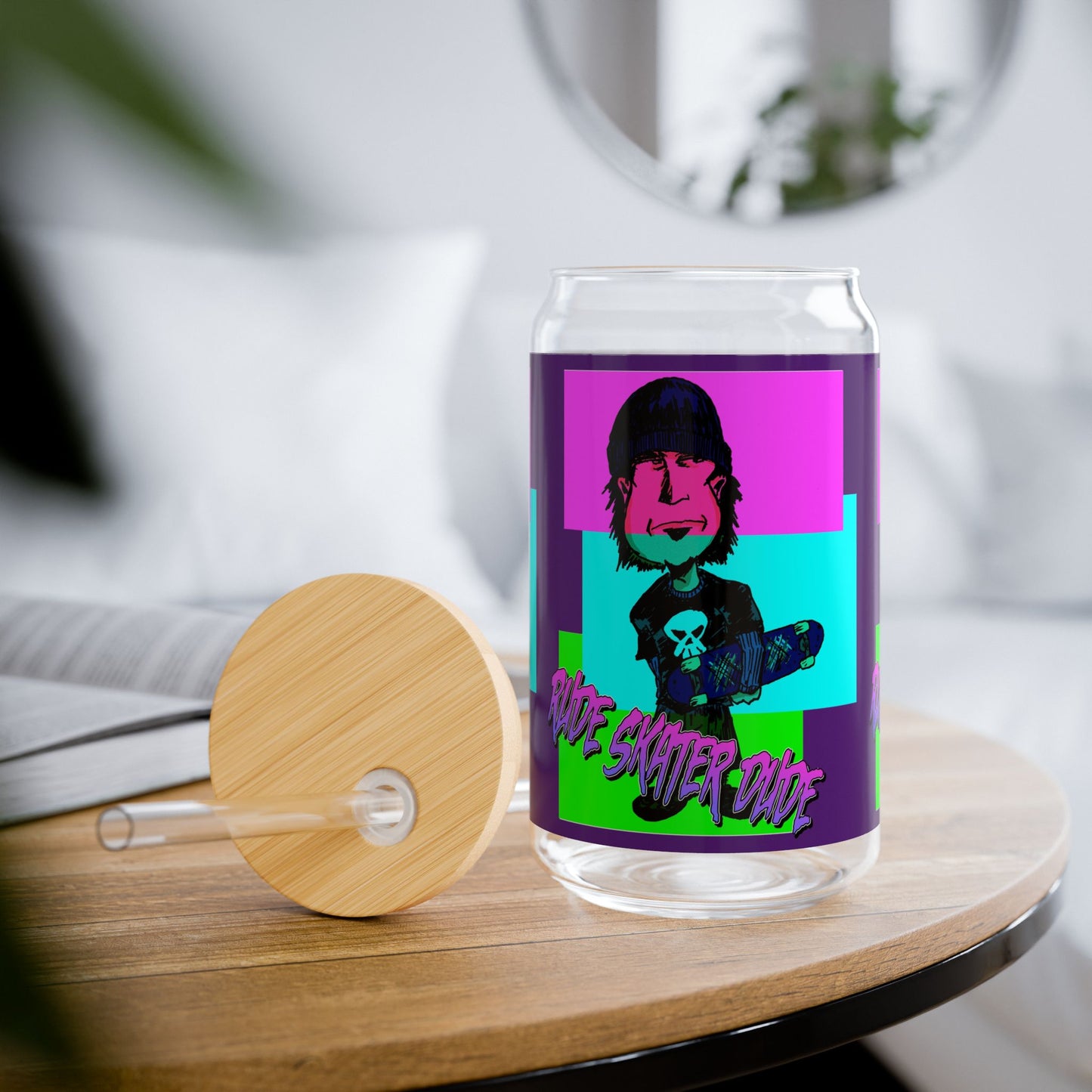16oz Sipper Glass — Rude Skater Dude Retro Punk Skull Pop Art Drink Tumbler