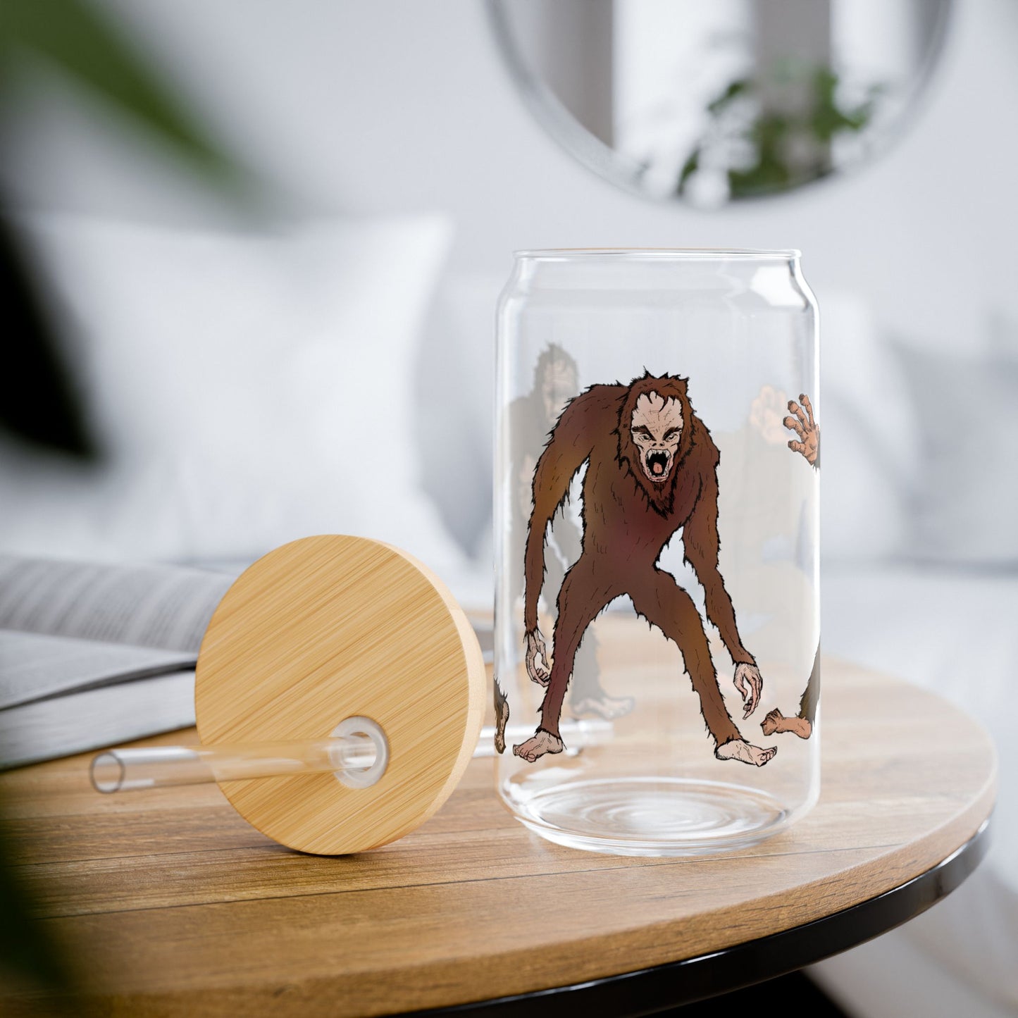 Bigfoot Pattern 16oz Sipper Glass with Bamboo Lid — Sasquatch Camping Drink Tumbler