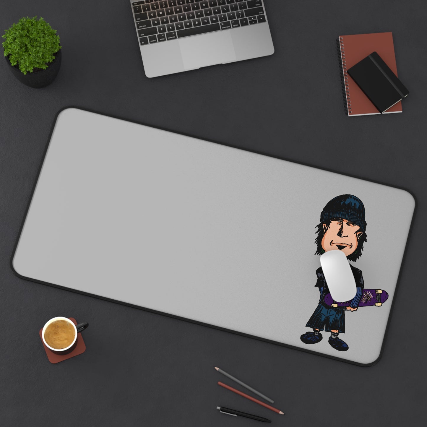 Rude Skater Dude - Skate Punk Desk Mat — Gray Gaming/Work Mouse Pad with Skateboard Graphic