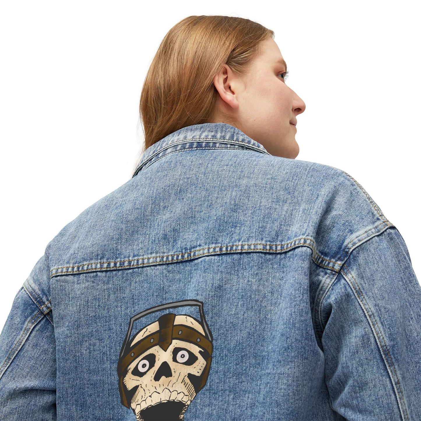Women's Denim Jacket with Retro Screaming Skull Patch - Vintage Rocker Oversized Jean Jacket