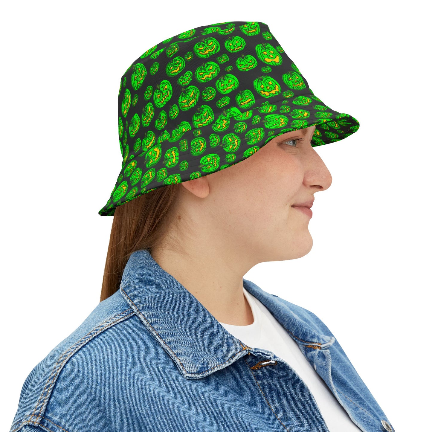 Monster Green Jack O Lantern Halloween Bucket Hat, Spooky Fall Accessory, Festival Hat, Trick or Treat Gear, Unisex Hat