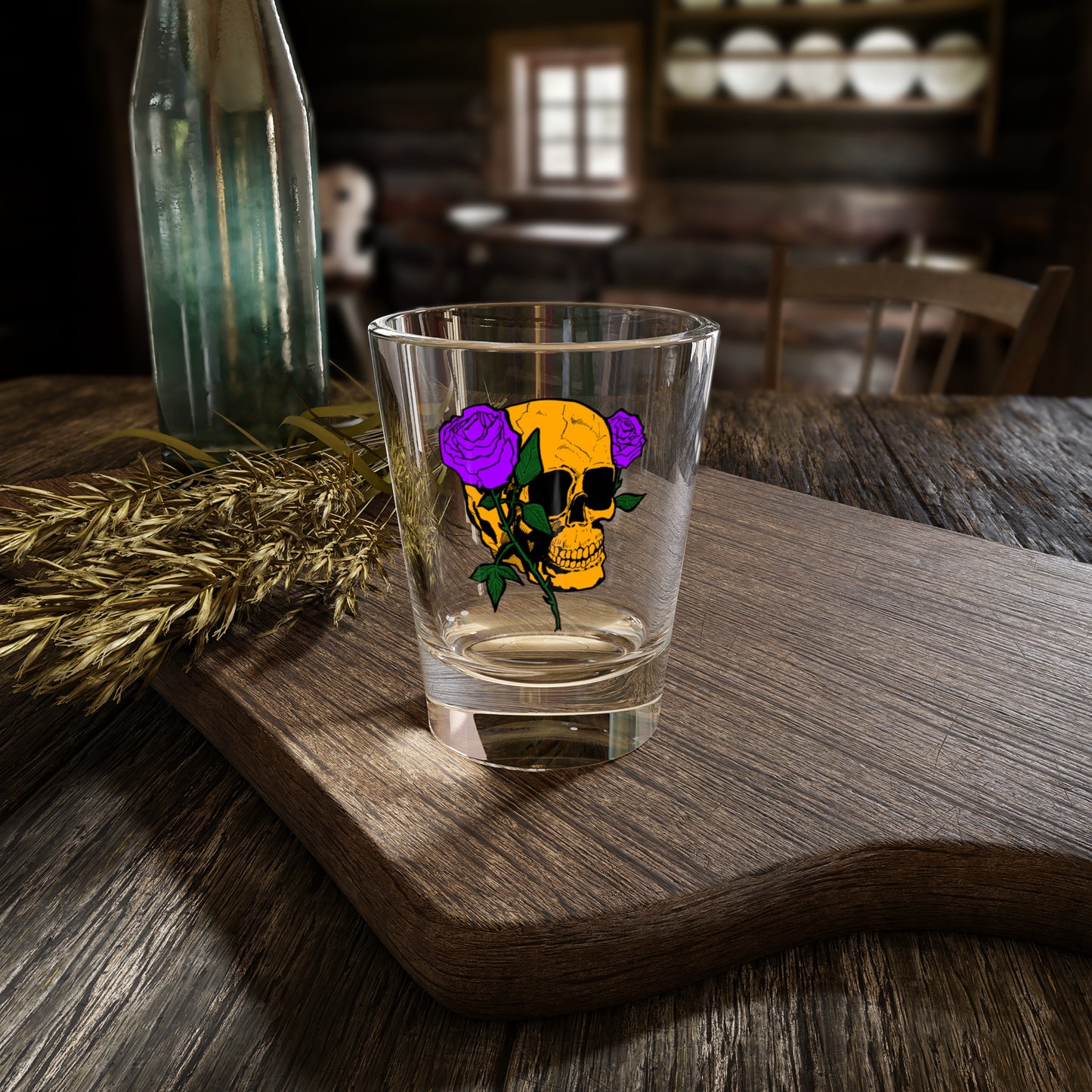 Decorative Skull Shot Glass with Purple Roses