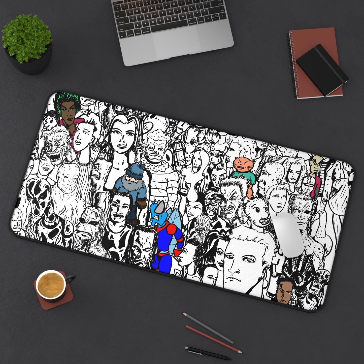 All Over Crowd Sketch Desk Mat — Black & White With Bits Of Color Character Collage Mouse Pad