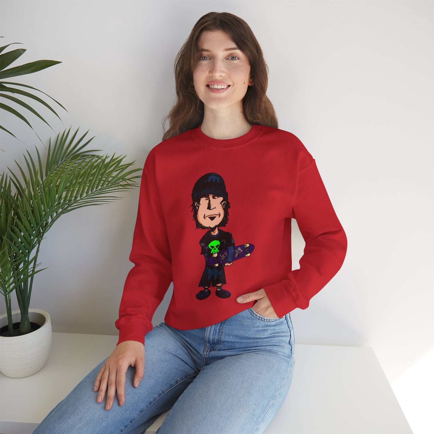 Rude Skater Dude - Cartoon Skate Punk Crewneck Sweatshirt — Retro Skateboard Character Graphic