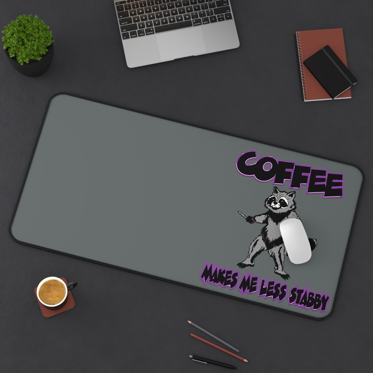Coffee-Themed Desk Mat - Cute Raccoon Design, Funny Office Decor, Gift for Coffee Lovers, Home Office Accessory, Cute Workstation Mat