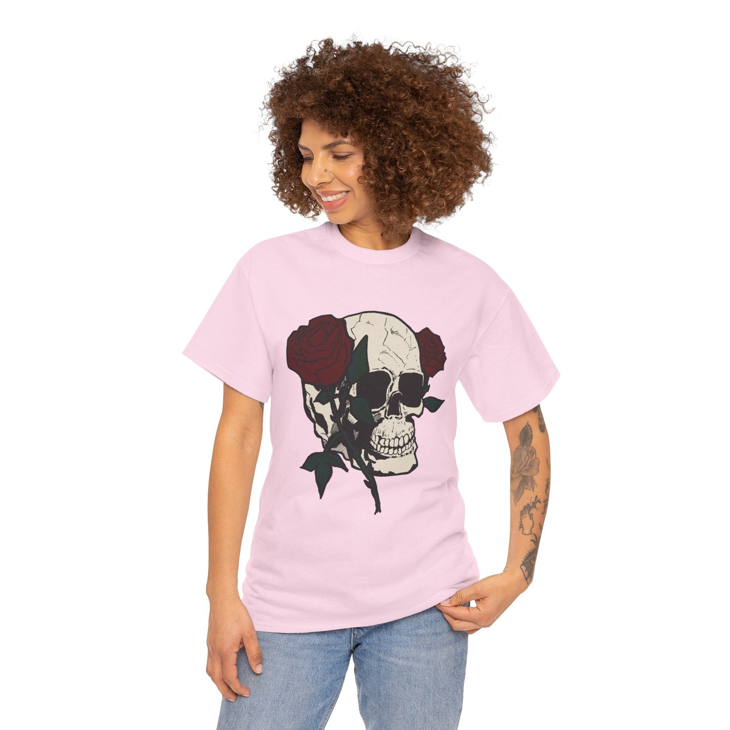 Skull and Roses Unisex Heavy Cotton Tee - Edgy Graphic T-Shirt for Impactful Style