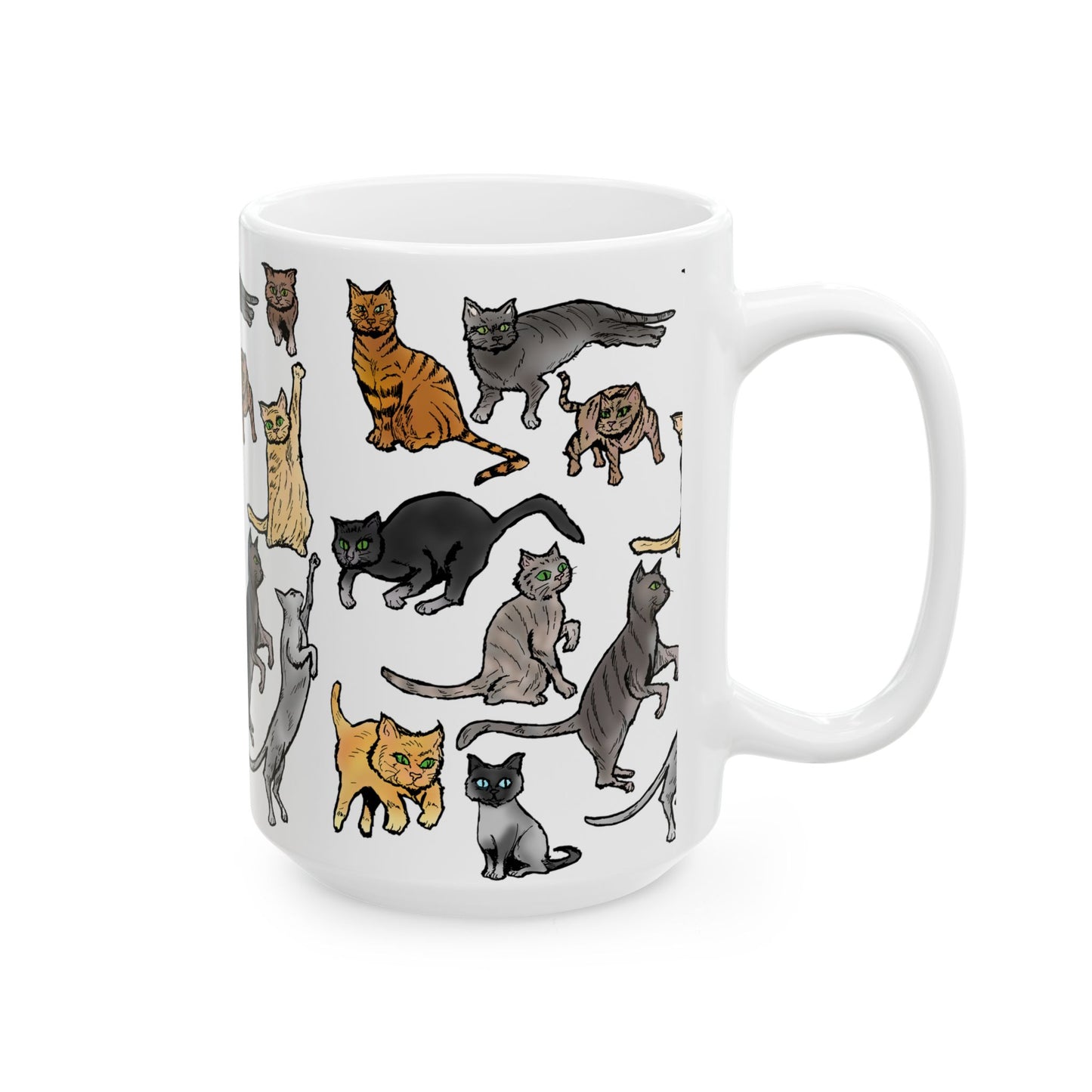 Cat Pattern Ceramic Mug — Cute Illustrated Cats Coffee Cup (11oz, 15oz)