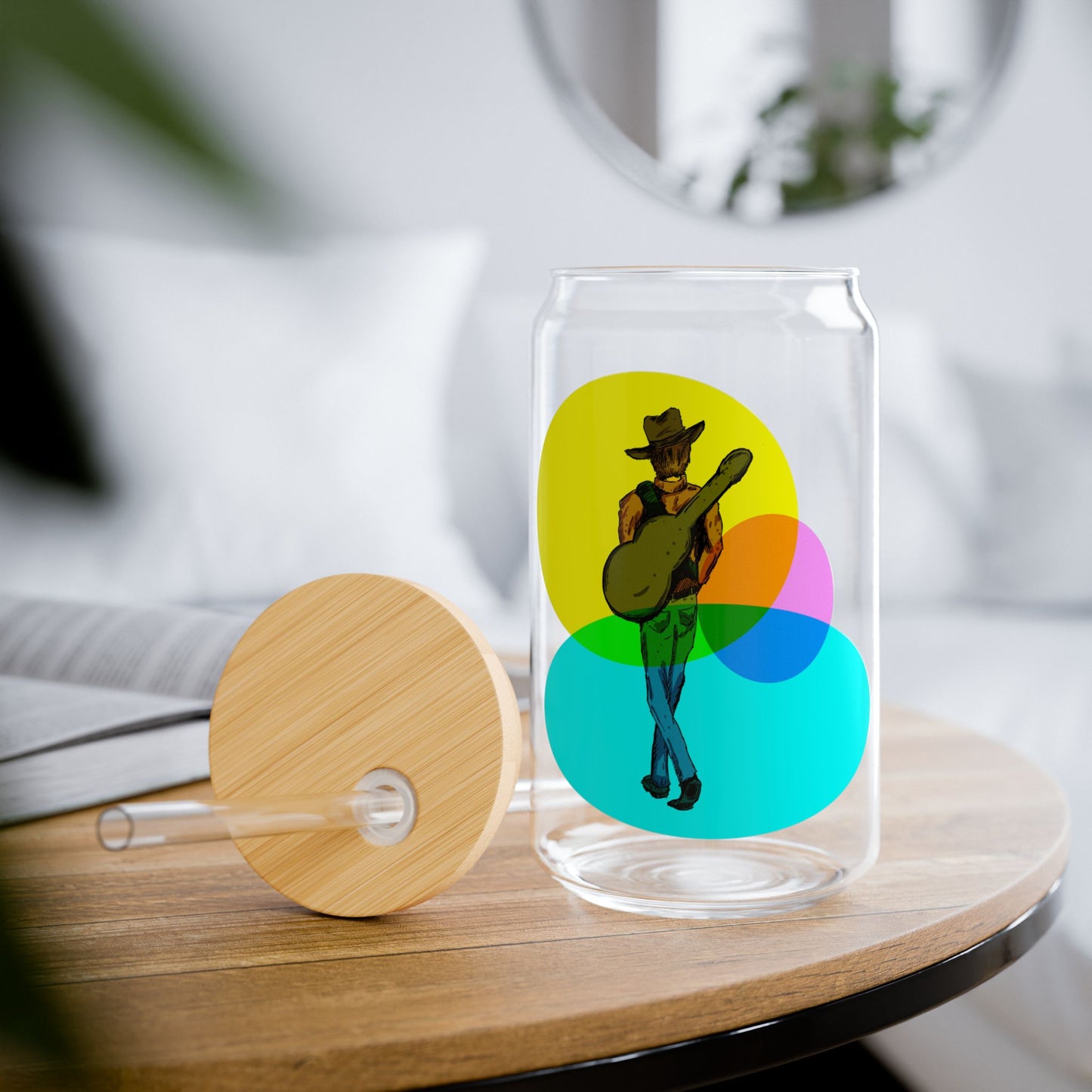 16oz Sipper Glass with Colorful Guitarist Cowboy – Music Lover Drinkware