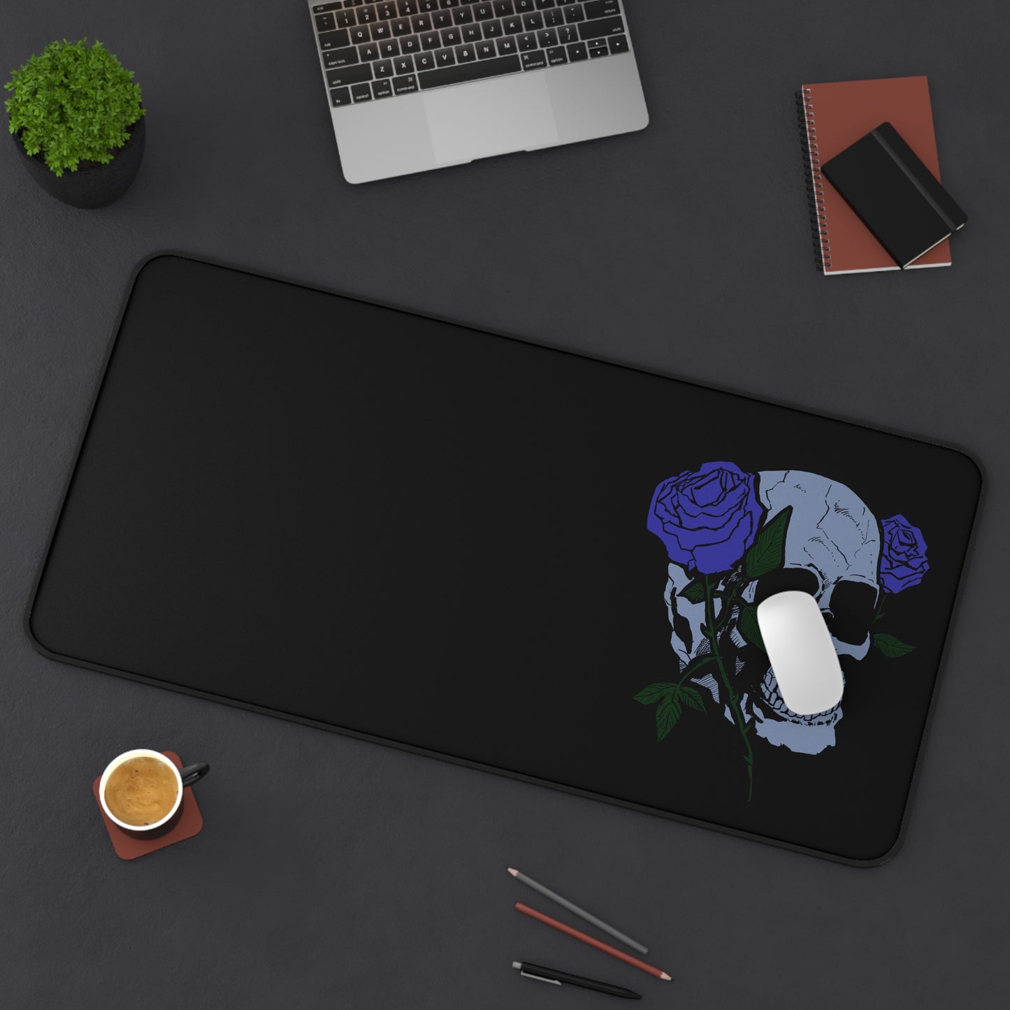 Skull with Purple Roses Desk Mat — Gothic Floral Gaming Mouse Pad