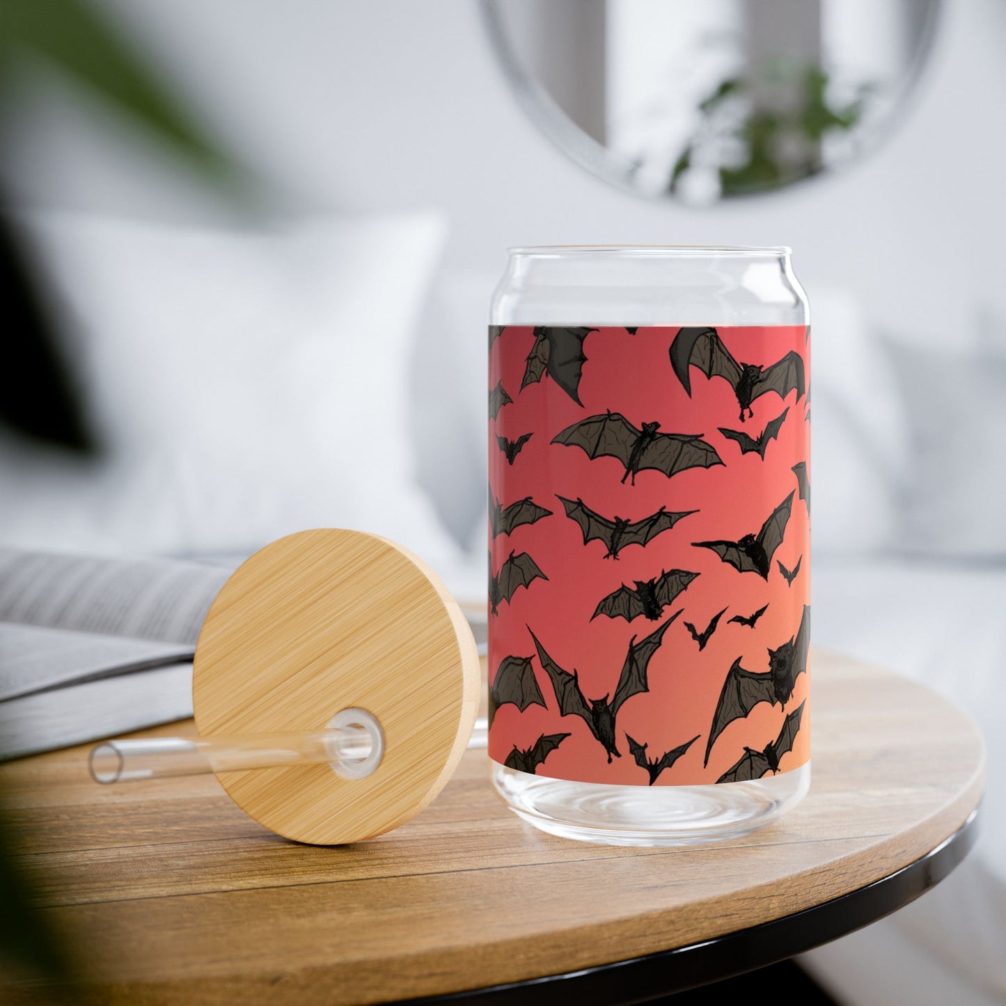 16oz Bat Pattern Sipper Glass - Halloween Bat Swarm Tumbler with Straw