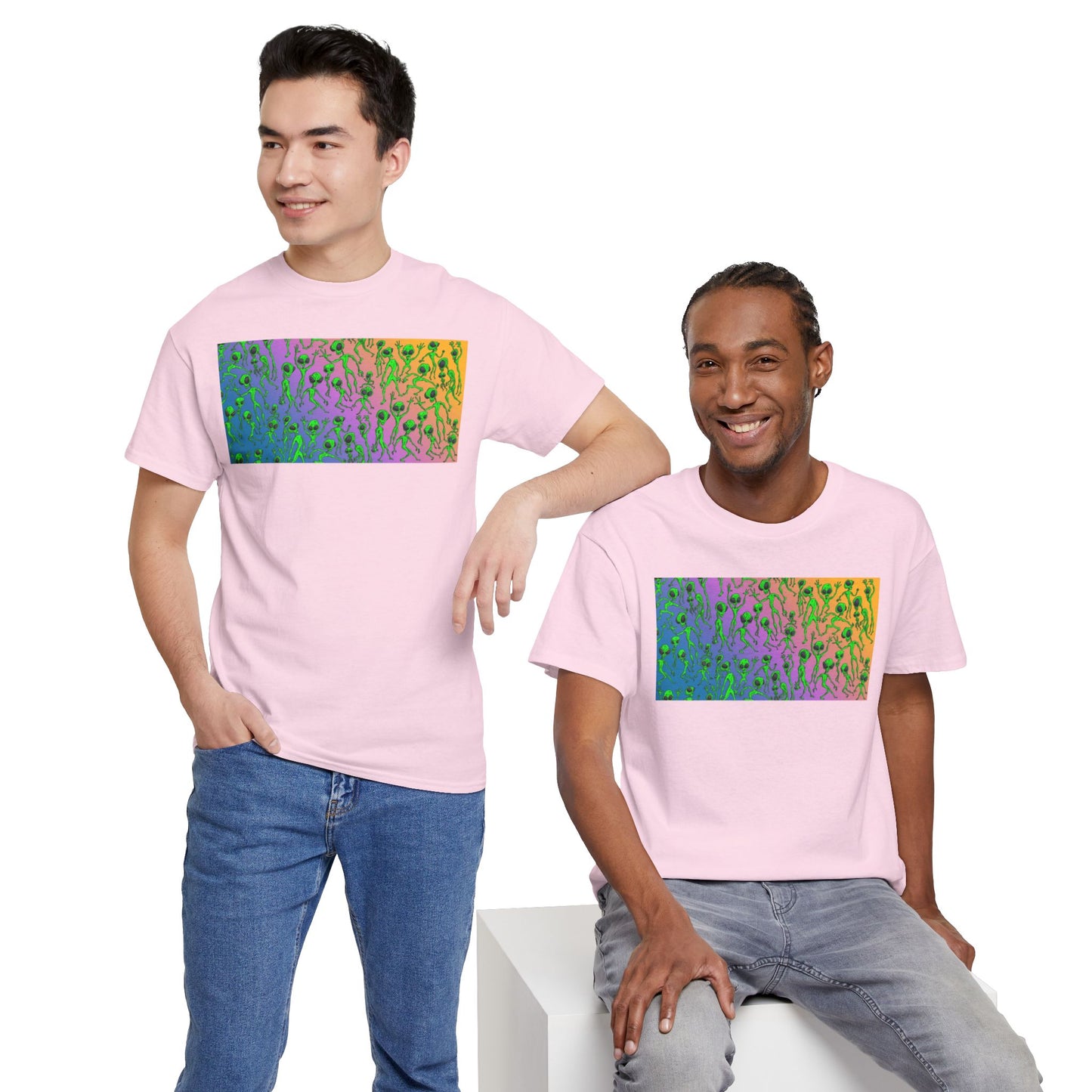 Alien Dance Party Gradient Tee — Colorful Psychedelic Green Aliens Art T-Shirt