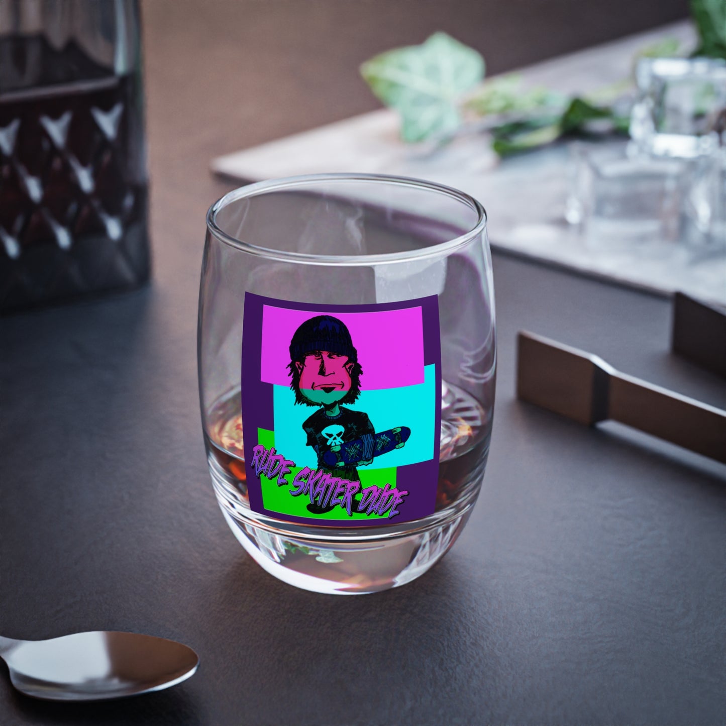 Retro Skateboarder Whiskey Glass – Neon Punk 'Rude Skater Dude' Rocks Glass