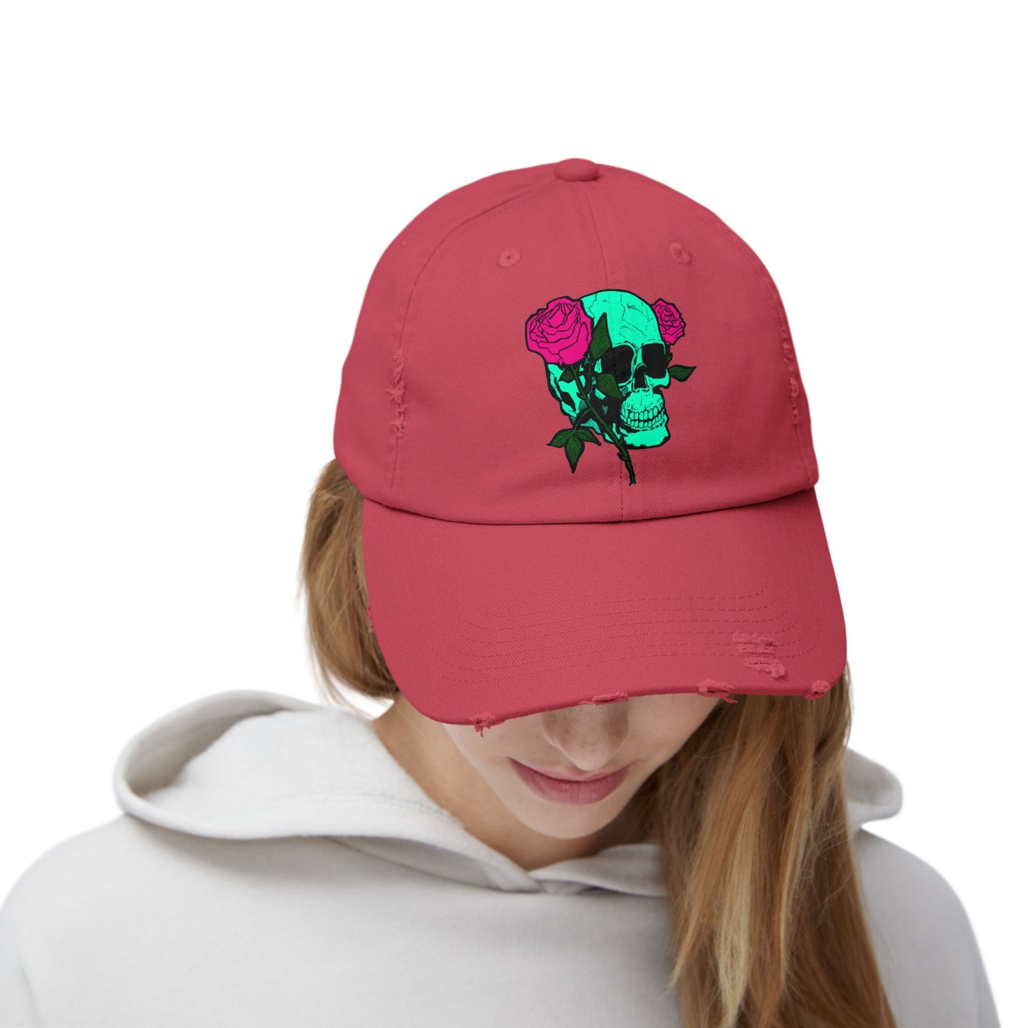 Trendy Distressed Skull Cap with Roses
