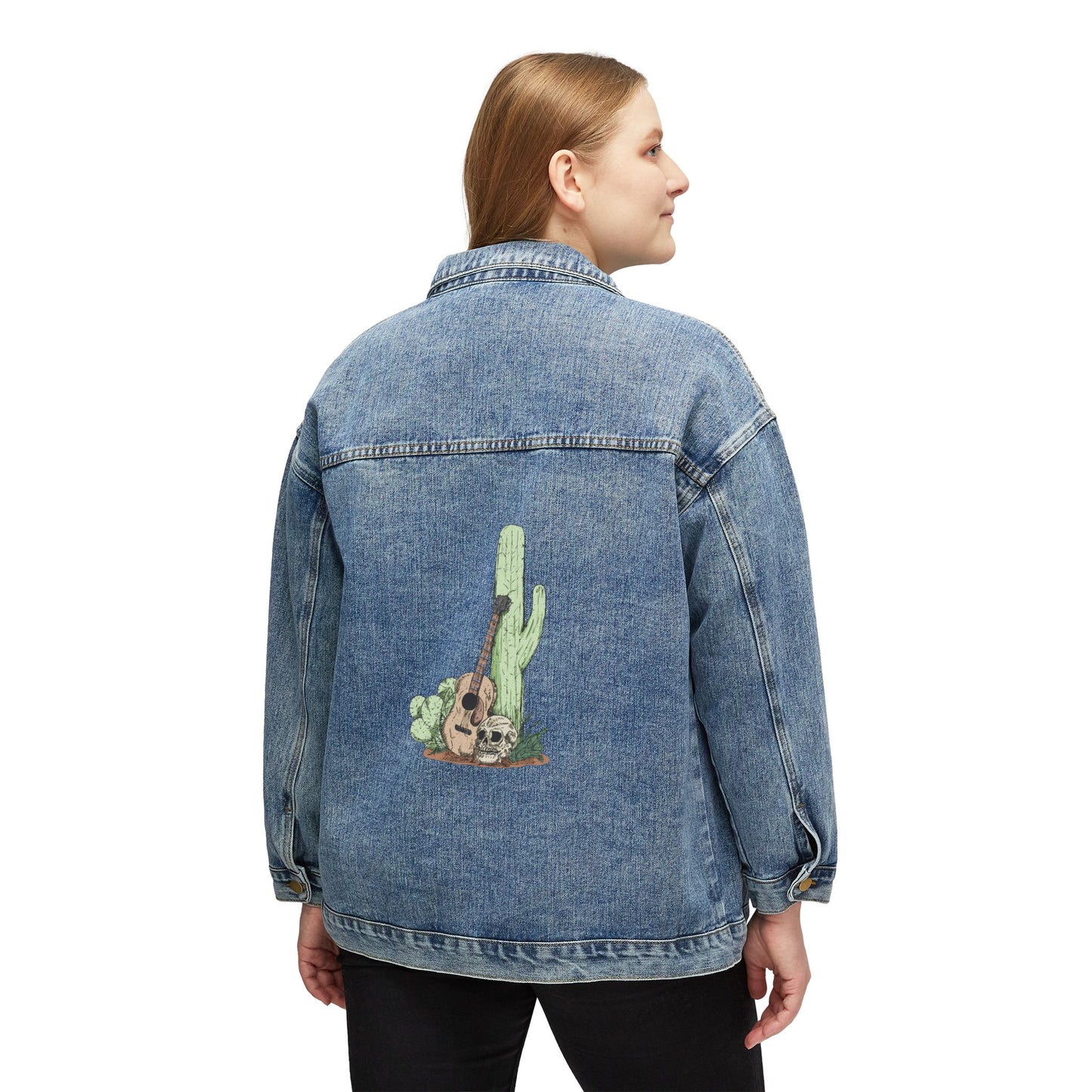 Women's Denim Jacket with Lonely Desert Cactus & Guitar Back Graphic