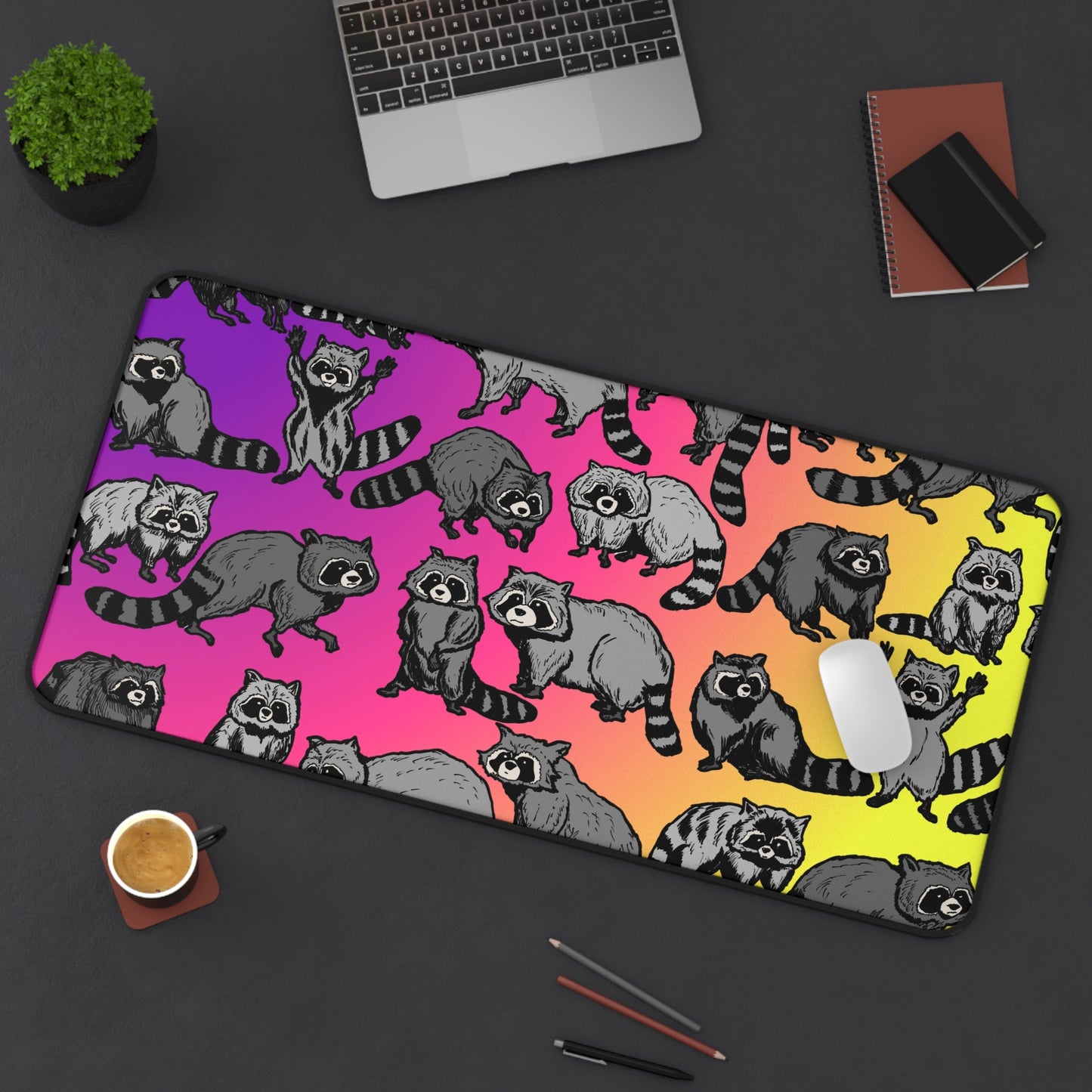 Raccoon Pattern Desk Mat — Colorful Gradient Animal Mouse Pad