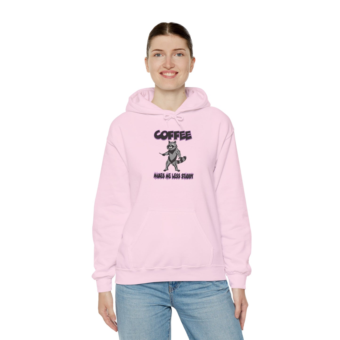 Coffee Makes Me Less Stabby Themed Unisex Hoodie with Fun Raccoon Design, Perfect for Coffee Lovers, Gift for Birthdays, Chill Days, Cozy Sweater