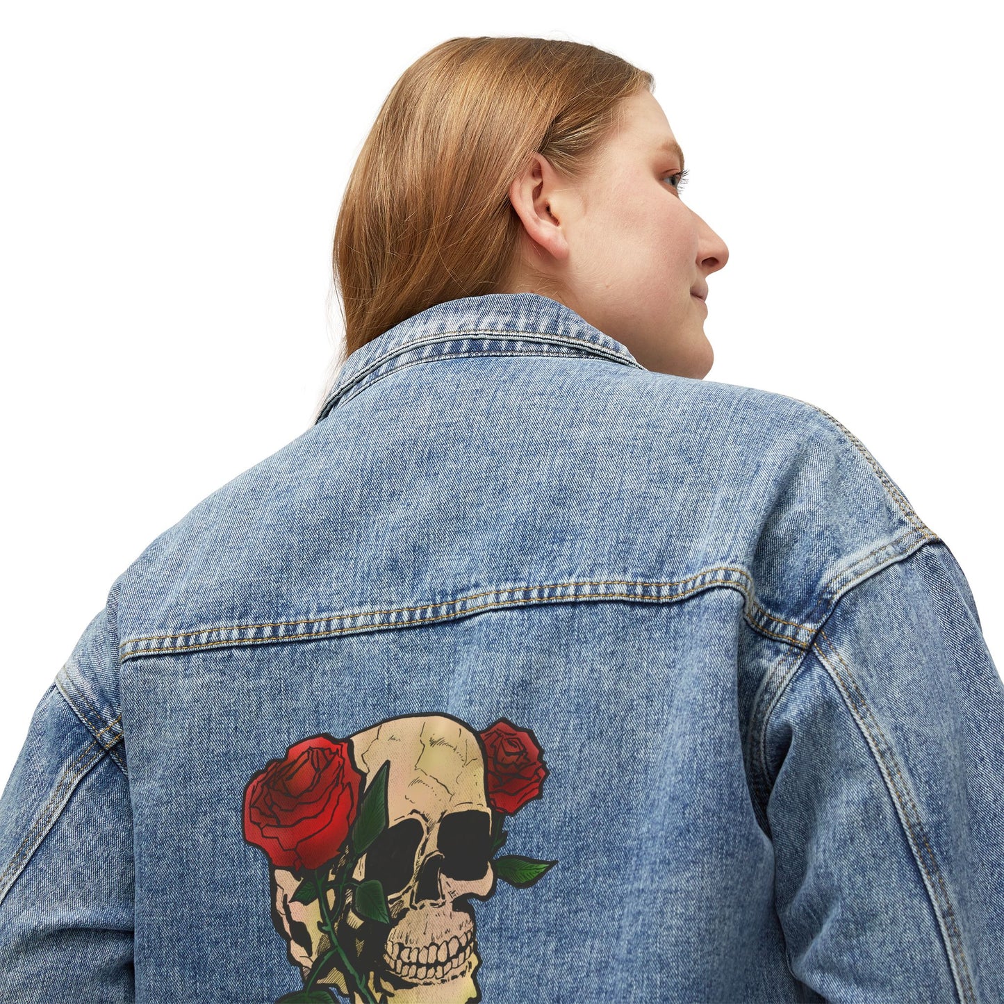 Women's Denim Jacket — Skull with Roses Back