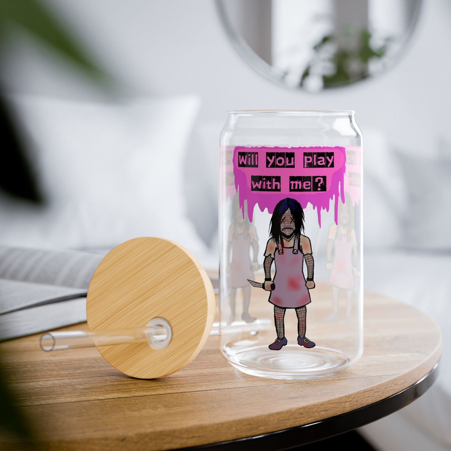 Evil Doll Sipper Glass, Will You Play With Me? Water Bottle, Cute Drinkware, Fun Gift, Kids Party Essentials, Unique Decor