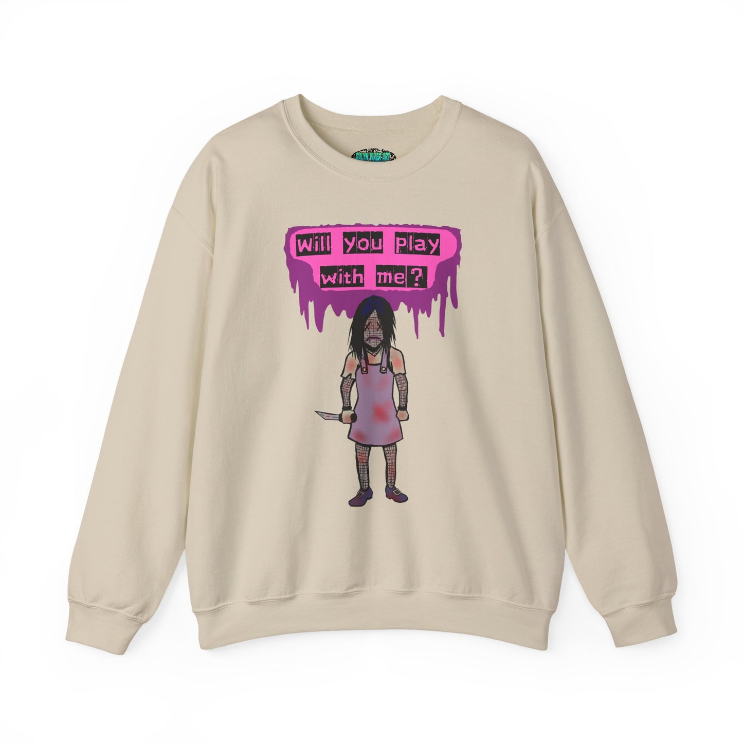Evil Doll GHOSTLY VINTAGE UNISEX CREWNECK SWEATSHIRT - "Will You Play With Me?"