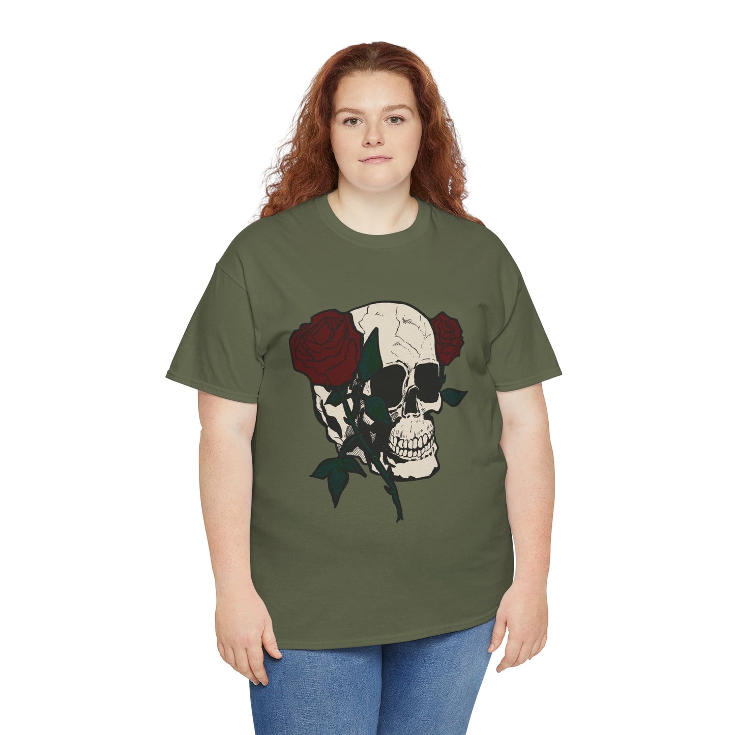 Skull and Roses Unisex Heavy Cotton Tee - Edgy Graphic T-Shirt for Impactful Style
