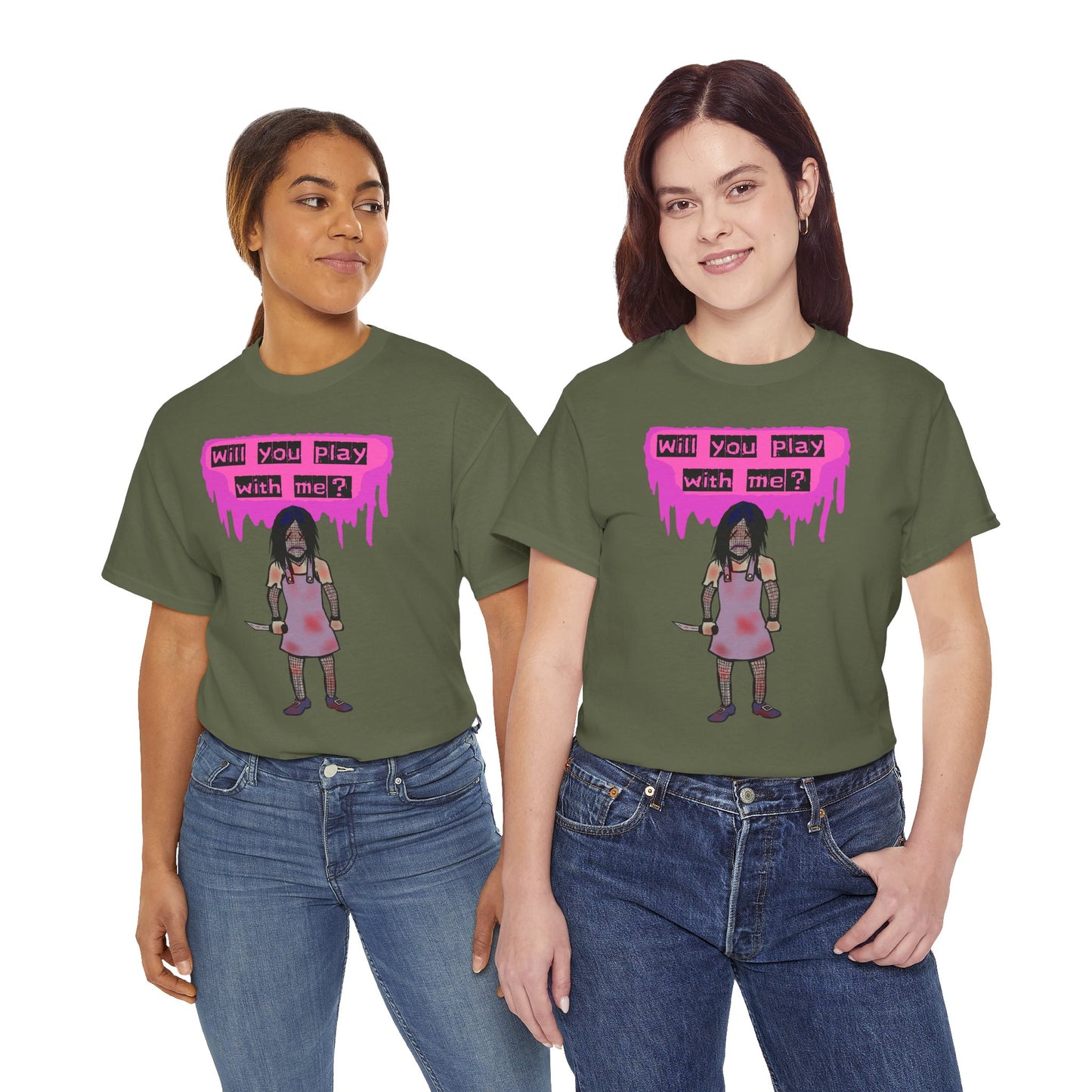 Playful Evil Doll Horror Graphic Tee, Unisex Heavy Cotton Shirt, Casual Wear, Unique Gift, Halloween Costume, Quirky Fashion