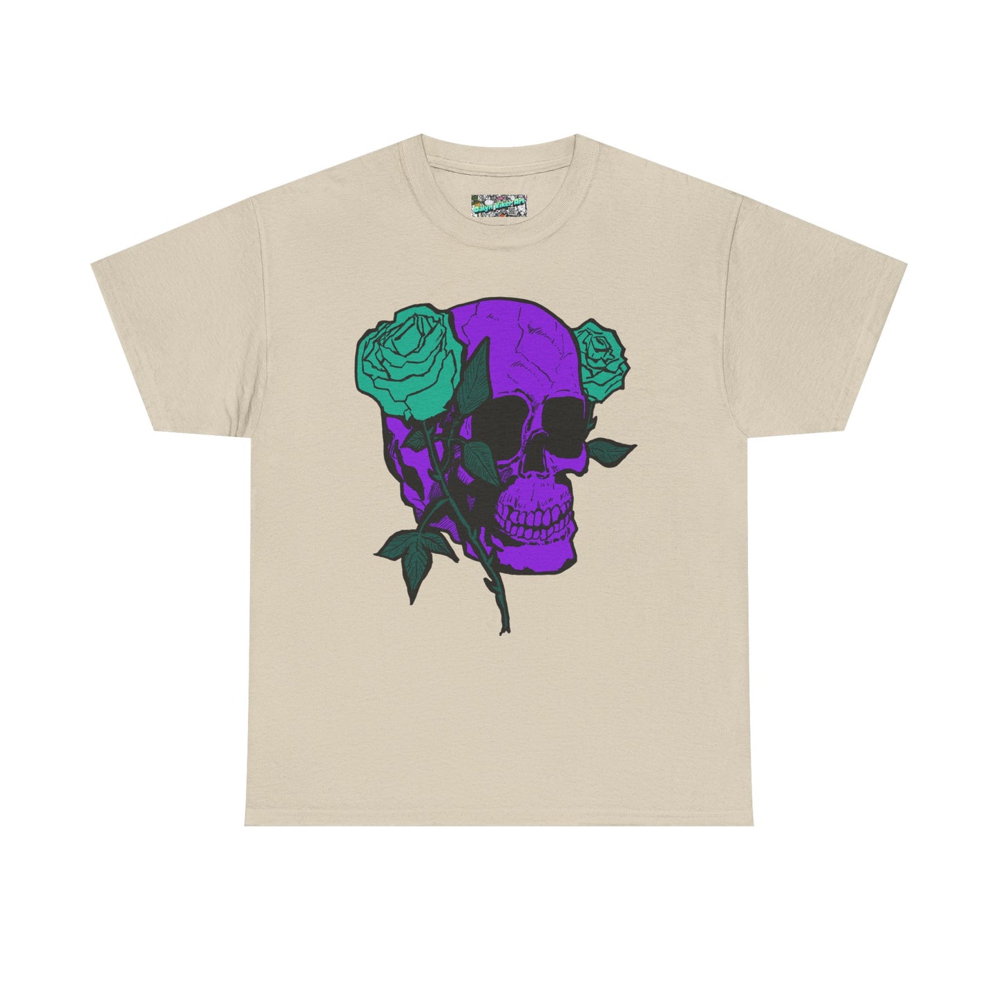 Skull & Rose Tee — Purple Skull with Turquoise Roses Graphic T-Shirt