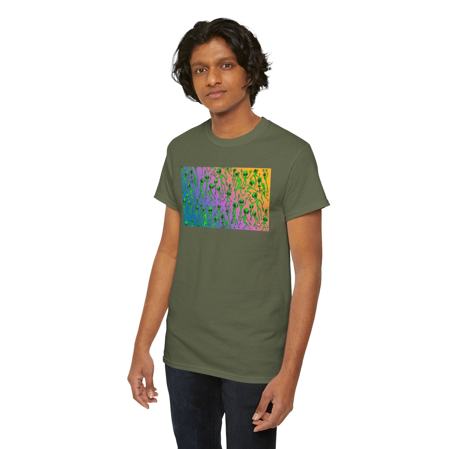 Alien Dance Party Gradient Tee — Colorful Psychedelic Green Aliens Art T-Shirt
