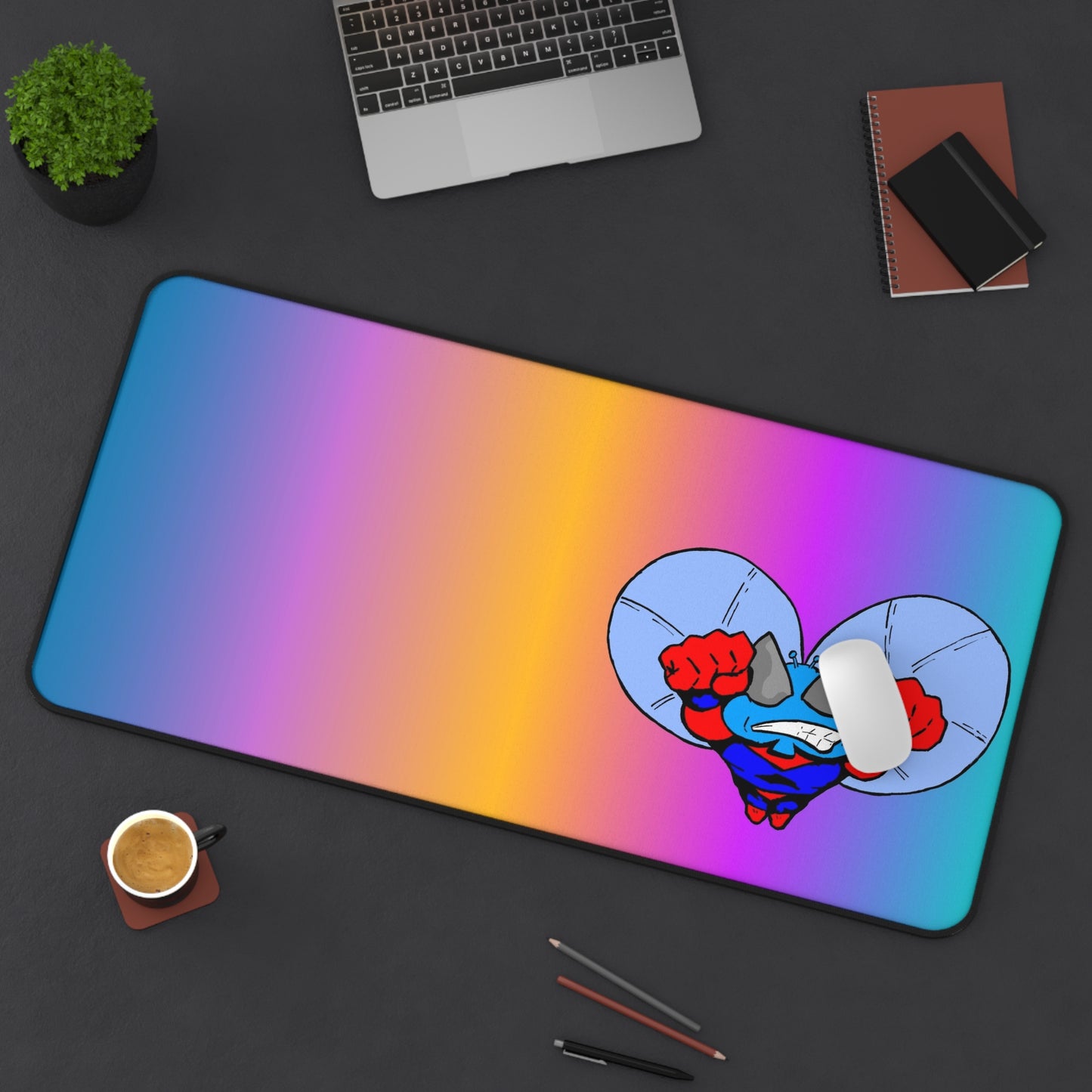 Astro-Fly Flying Rainbow Gradient Desk Mat with Superhero Graphic — Large Gaming/Work Mousepad