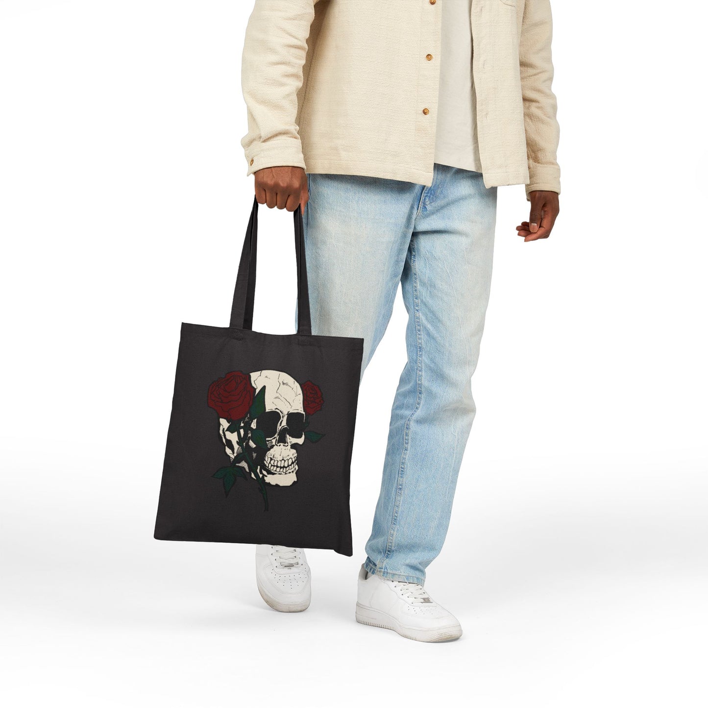 Skull & Roses Canvas Tote Bag — Gothic Floral Reusable Shopper