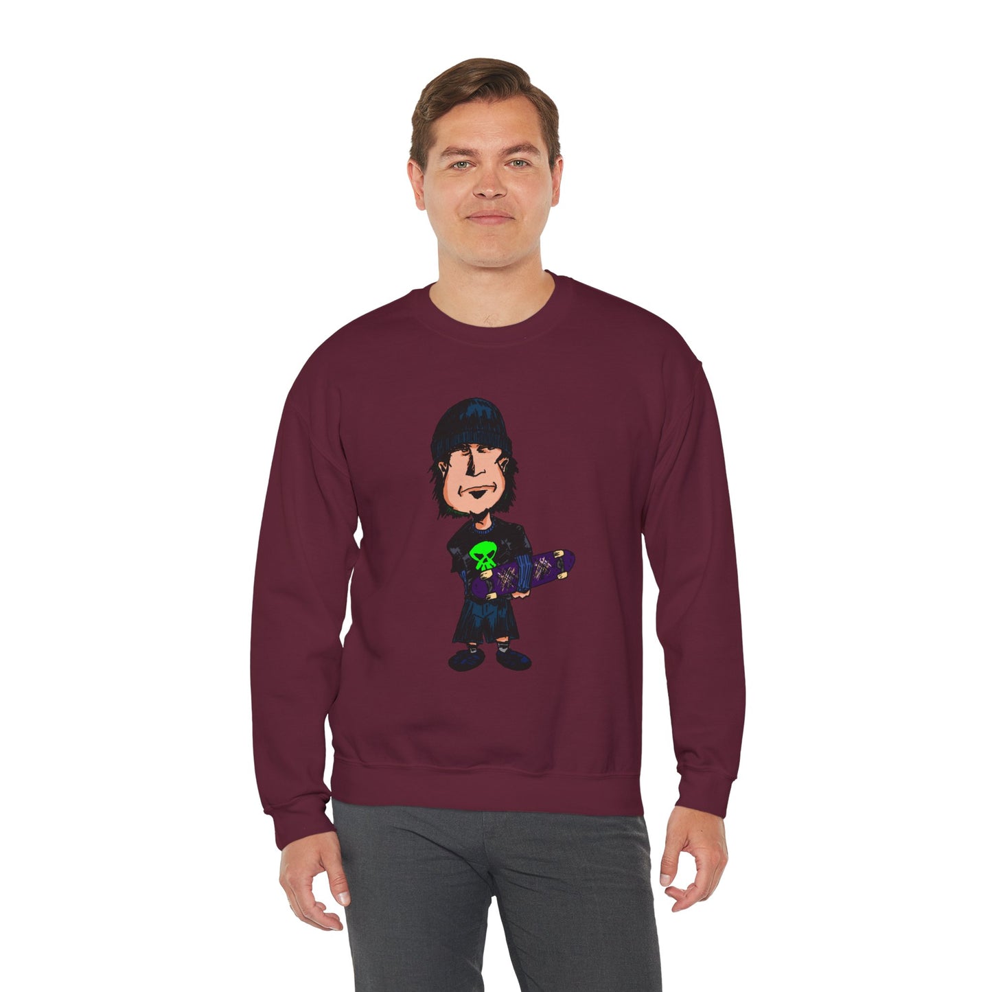 Rude Skater Dude - Cartoon Skate Punk Crewneck Sweatshirt — Retro Skateboard Character Graphic