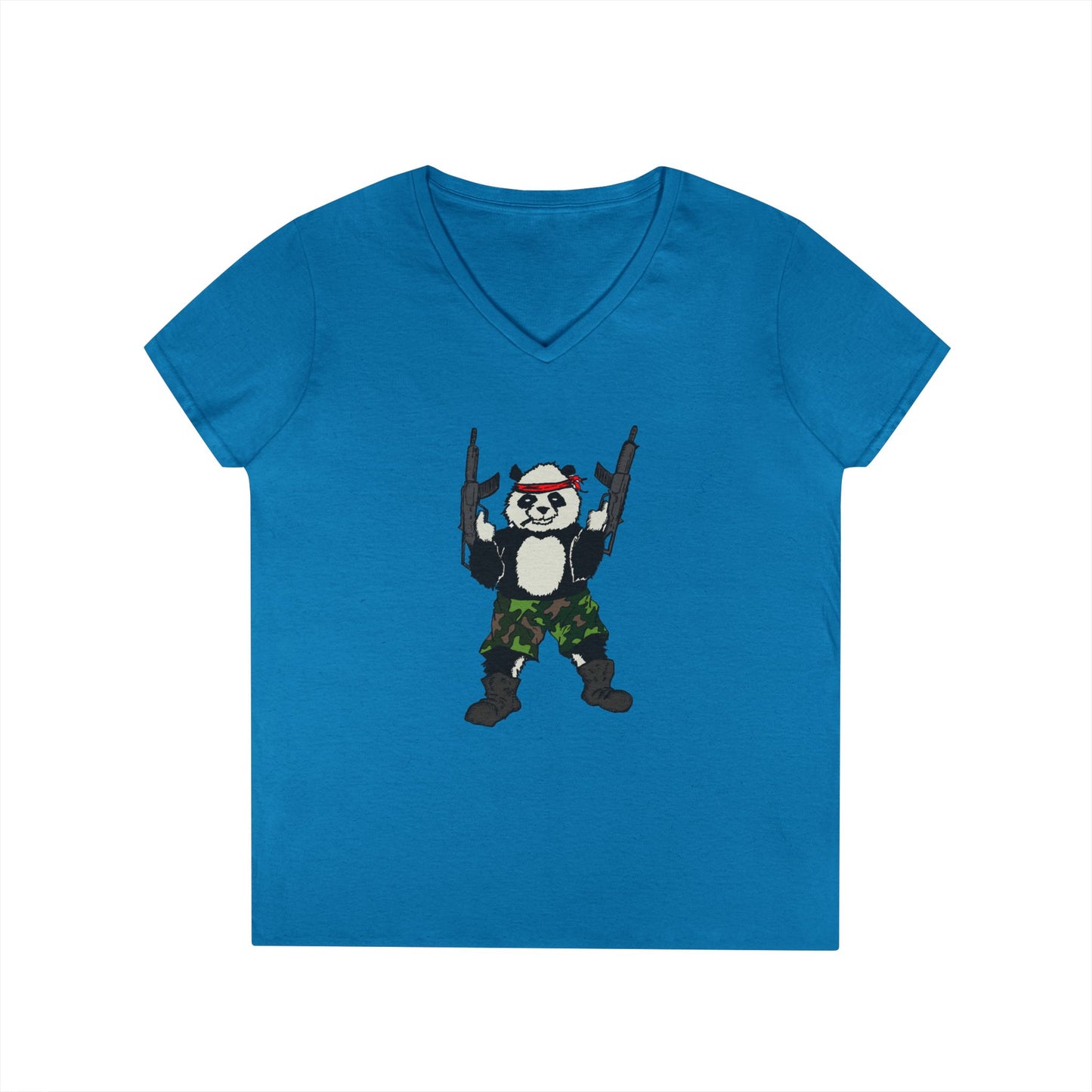 Ladies' V-Neck T-Shirt - Cool Panda with Guns Graphic Tee