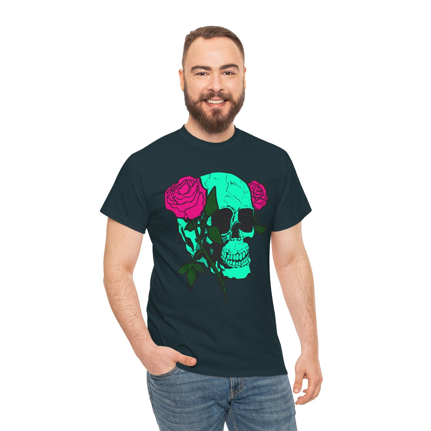 Edgy Skull & Roses Unisex Heavy Cotton Tee - Graphic T-Shirt for Alternative Fashion Lovers