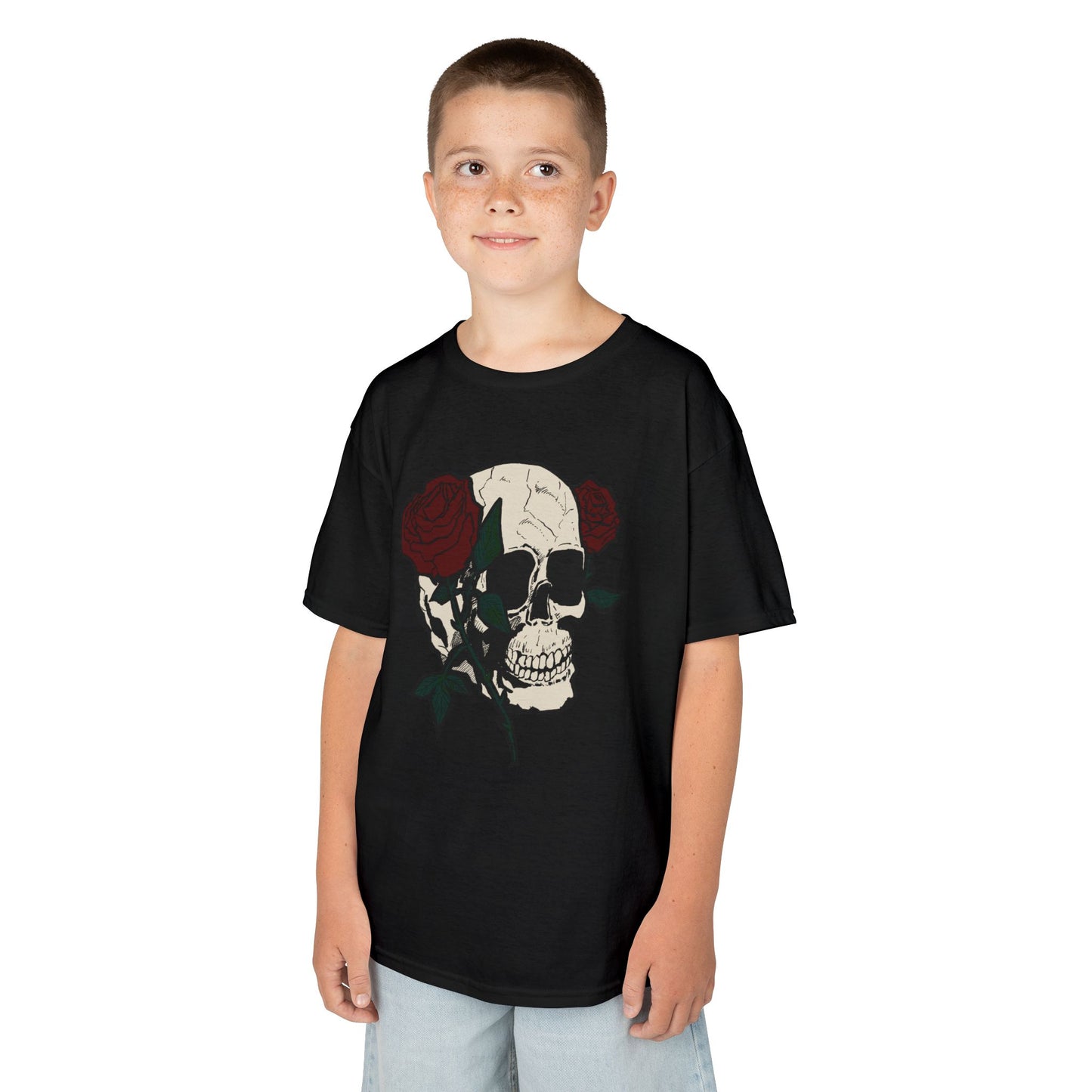 Kids Heavy Cotton Tee - Skull and Roses Graphic Tee for Trendy Kids