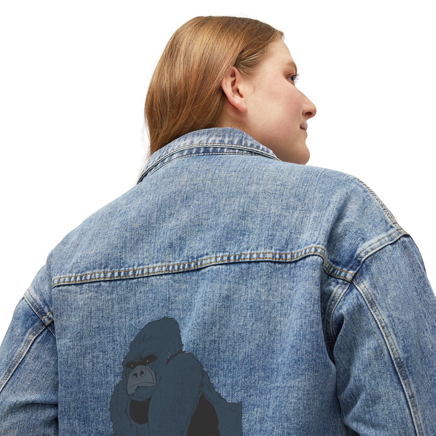Women's Denim Jacket with Minimalist Gorilla Back Print - Casual Cool Outerwear