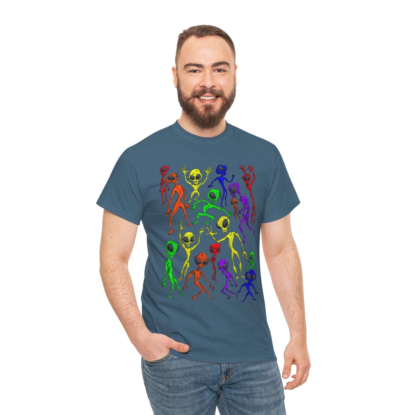 Rainbow Alien Dance Party Unisex Tee - Cosmic Sci-Fi Shirt