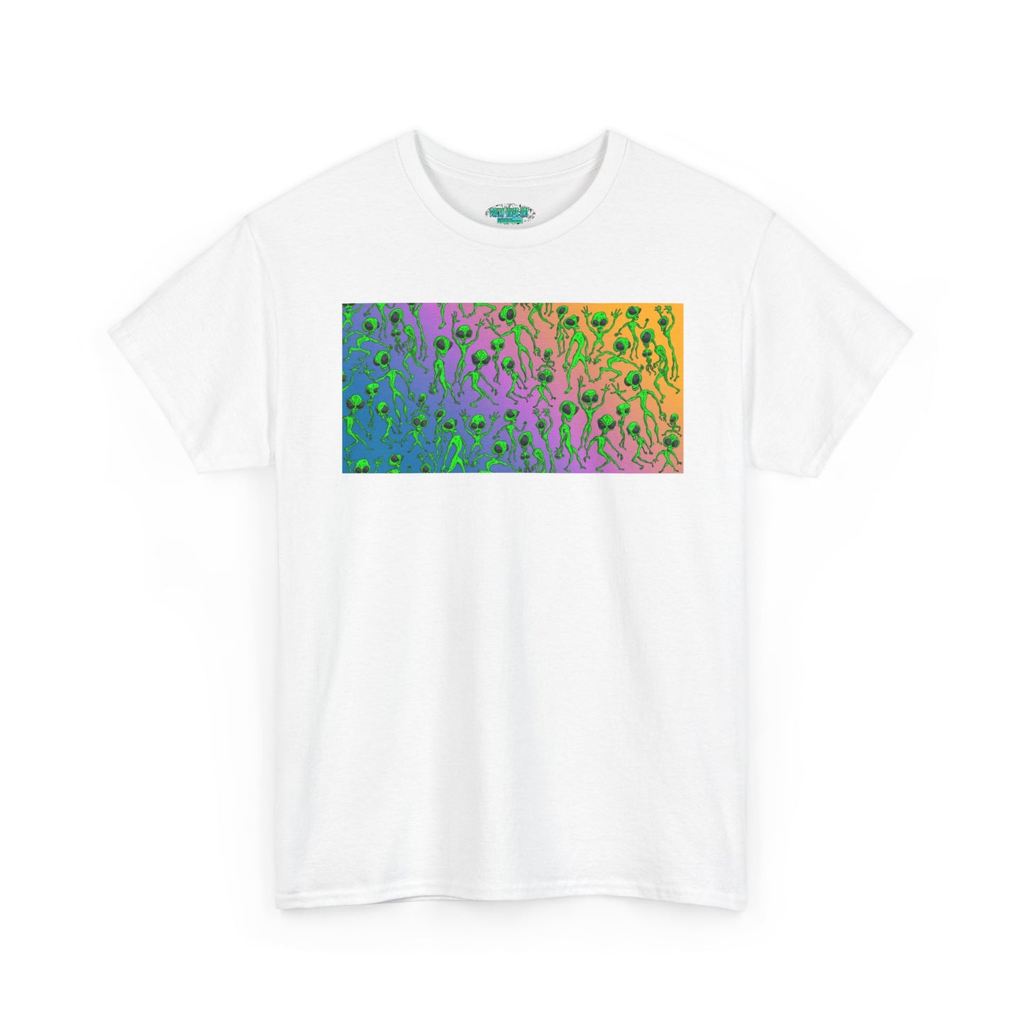 Alien Dance Party Gradient Tee — Colorful Psychedelic Green Aliens Art T-Shirt