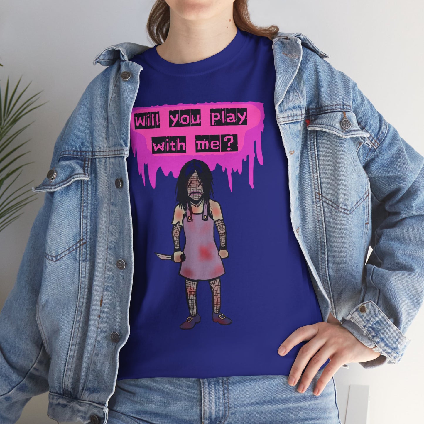 Playful Evil Doll Horror Graphic Tee, Unisex Heavy Cotton Shirt, Casual Wear, Unique Gift, Halloween Costume, Quirky Fashion
