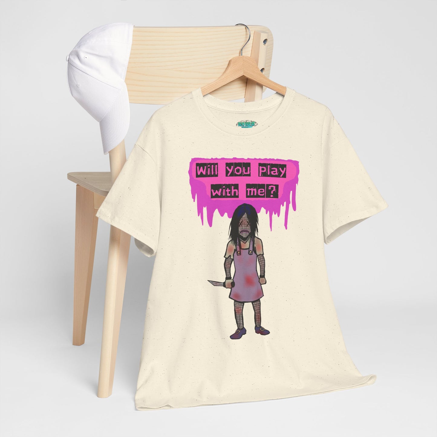 Playful Evil Doll Horror Graphic Tee, Unisex Heavy Cotton Shirt, Casual Wear, Unique Gift, Halloween Costume, Quirky Fashion
