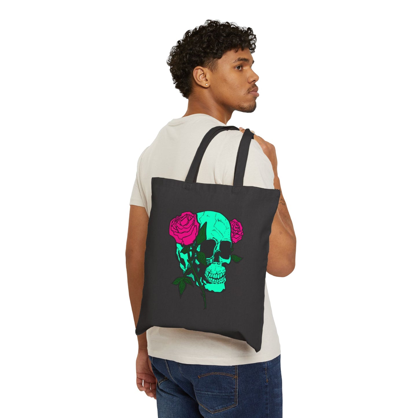 Skull & Roses Canvas Tote — Green Skull with Pink Roses Cotton Bag